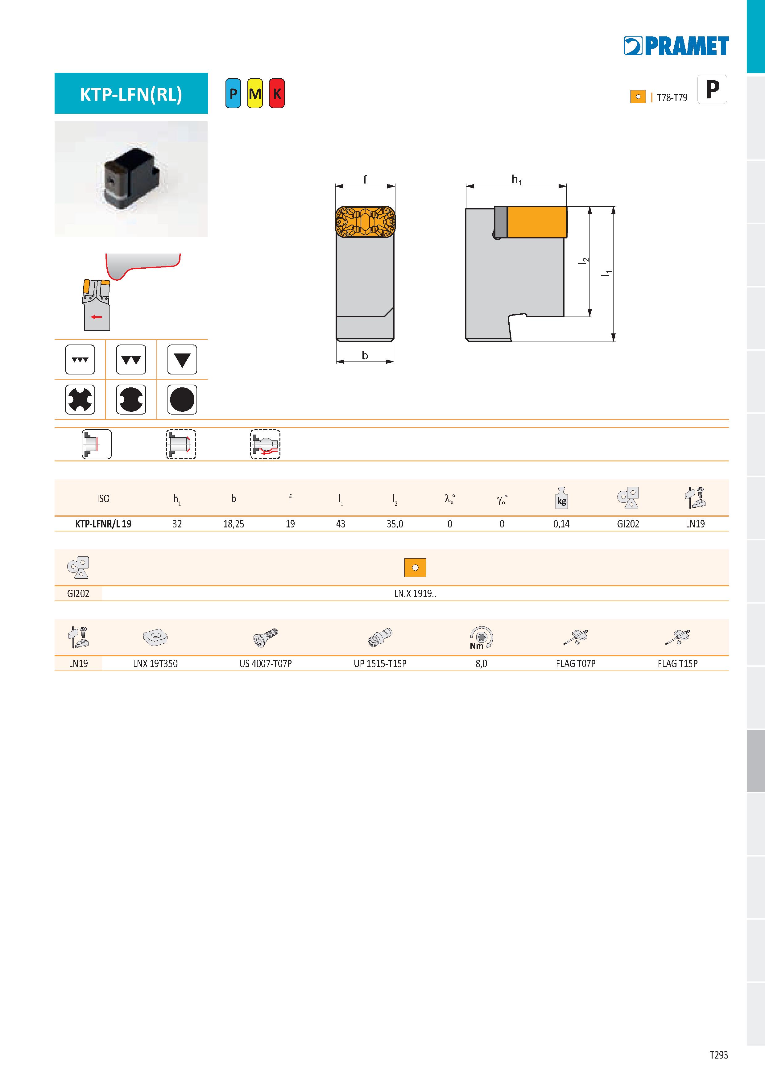 299 KTP-LFN(RL) 1 № J - T 5IPRAMET Г°1 I T78-T79 P Г ISO h, b f 'í '2 go kg KTP-LFNR/L 19 32 18,25 19 43 35,0 0 0 0,14 GI202 LN19 GI202 LN X 1919 LN1 Каталог PRAMET 2019 Режущий инструмент Резцы с твердосплавными пластинами по металлу для точения и растачивания Концевые и насадные фрезы Сверла с СМП Расточные головки Стр. T293