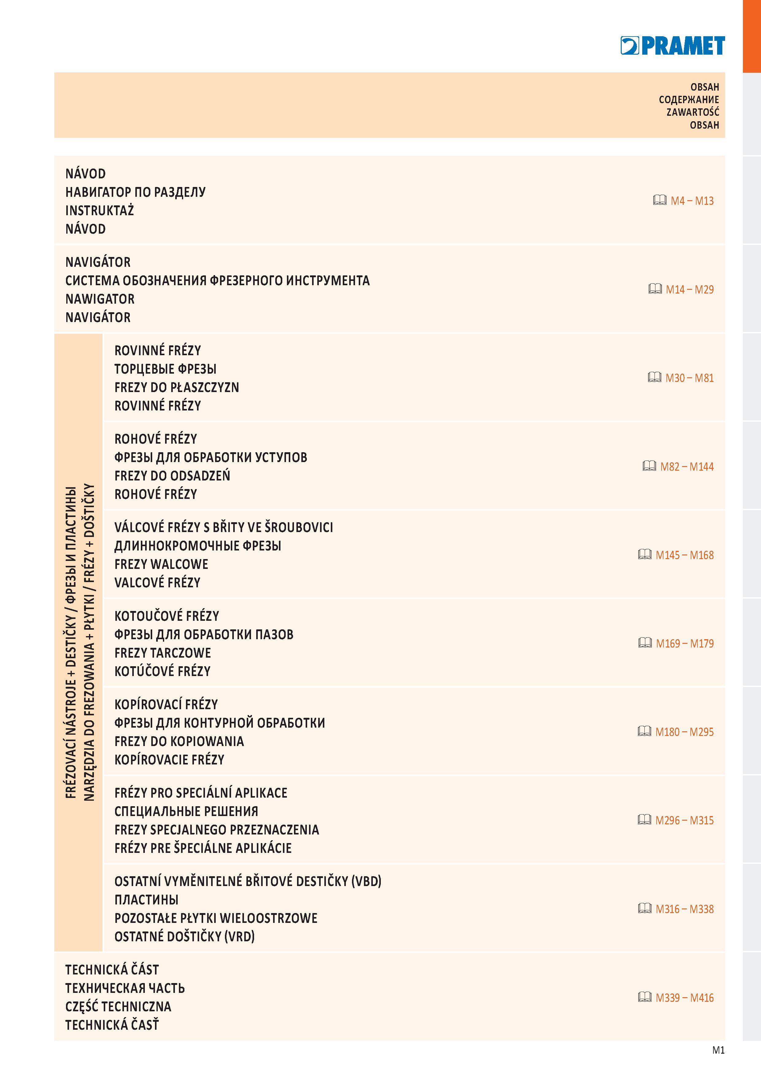 469 OBSAH СОДЕРЖАНИЕ ZAWARTOŚĆ OBSAH NÁVOD НАВИГАТОР ПО РАЗДЕЛУ INSTRUKTAŻ M4 - M13 NÁVOD NAVIGÁTOR СИСТЕМА ОБОЗНАЧЕНИЯ ФРЕЗЕРНОГО ИНСТРУМЕНТА M14 - Каталог PRAMET 2019 Режущий инструмент Резцы с твердосплавными пластинами по металлу для точения и растачивания Концевые и насадные фрезы Сверла с СМП Расточные головки Стр. M1