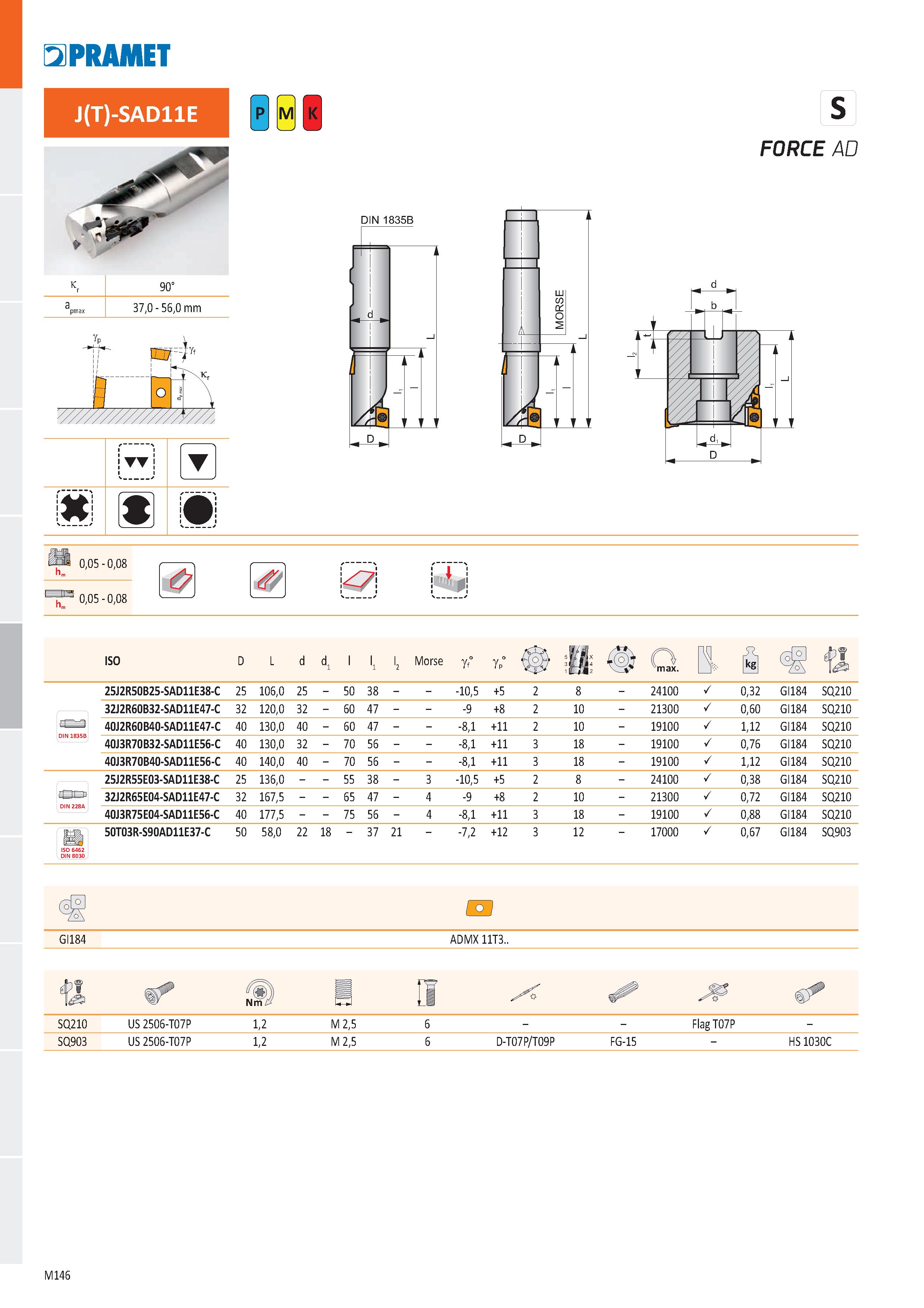 614 PRAMET J(T)-SAD11E A čfr’ k r 90° a pmax 37,0 - 56,0 mm T E3 II ŕ / Xk 1 O '/////////z V///, DIN 1835B FORCE AD Jih ТТЛ a t D T 0,05 - 0,08 0,05 Каталог PRAMET 2019 Режущий инструмент Резцы с твердосплавными пластинами по металлу для точения и растачивания Концевые и насадные фрезы Сверла с СМП Расточные головки Стр. M146