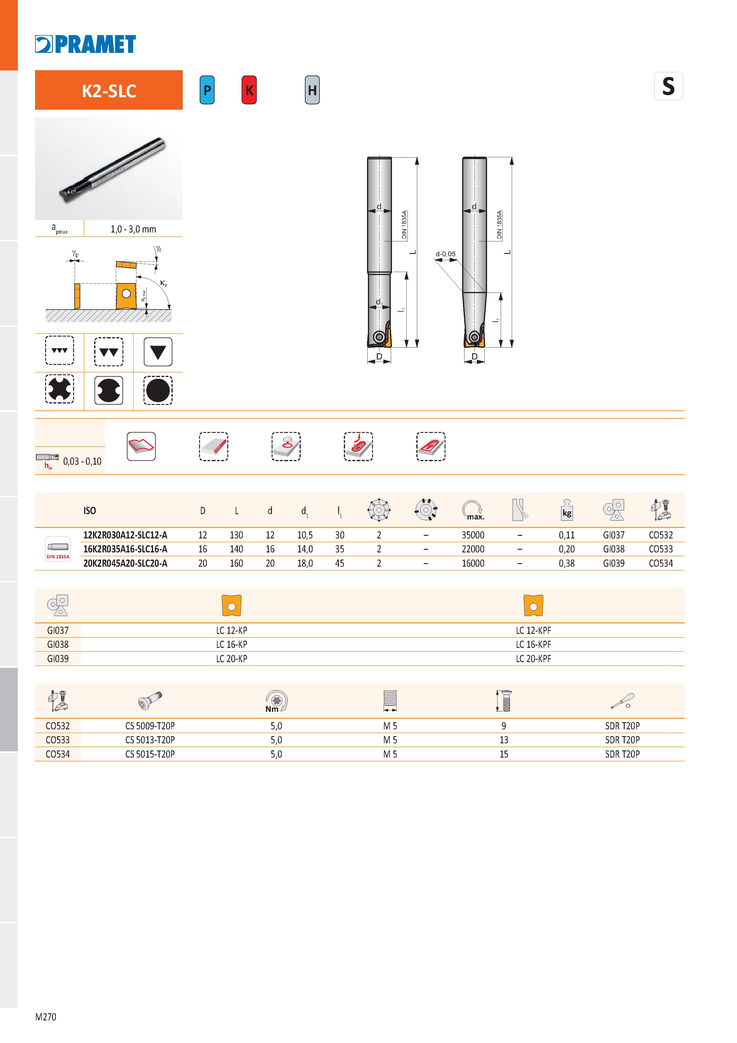 738 PRAMET K2-SLC P H s i ) 0,03 - 0,10 / ď / ISO 12K2R030A12-SLC12-A 12 130 12 10,5 30 35000 0,11 GI037 C0532 16K2R035A16-SLC16-A 16 140 16 14,0 35 Каталог PRAMET 2019 Режущий инструмент Резцы с твердосплавными пластинами по металлу для точения и растачивания Концевые и насадные фрезы Сверла с СМП Расточные головки Стр. M270