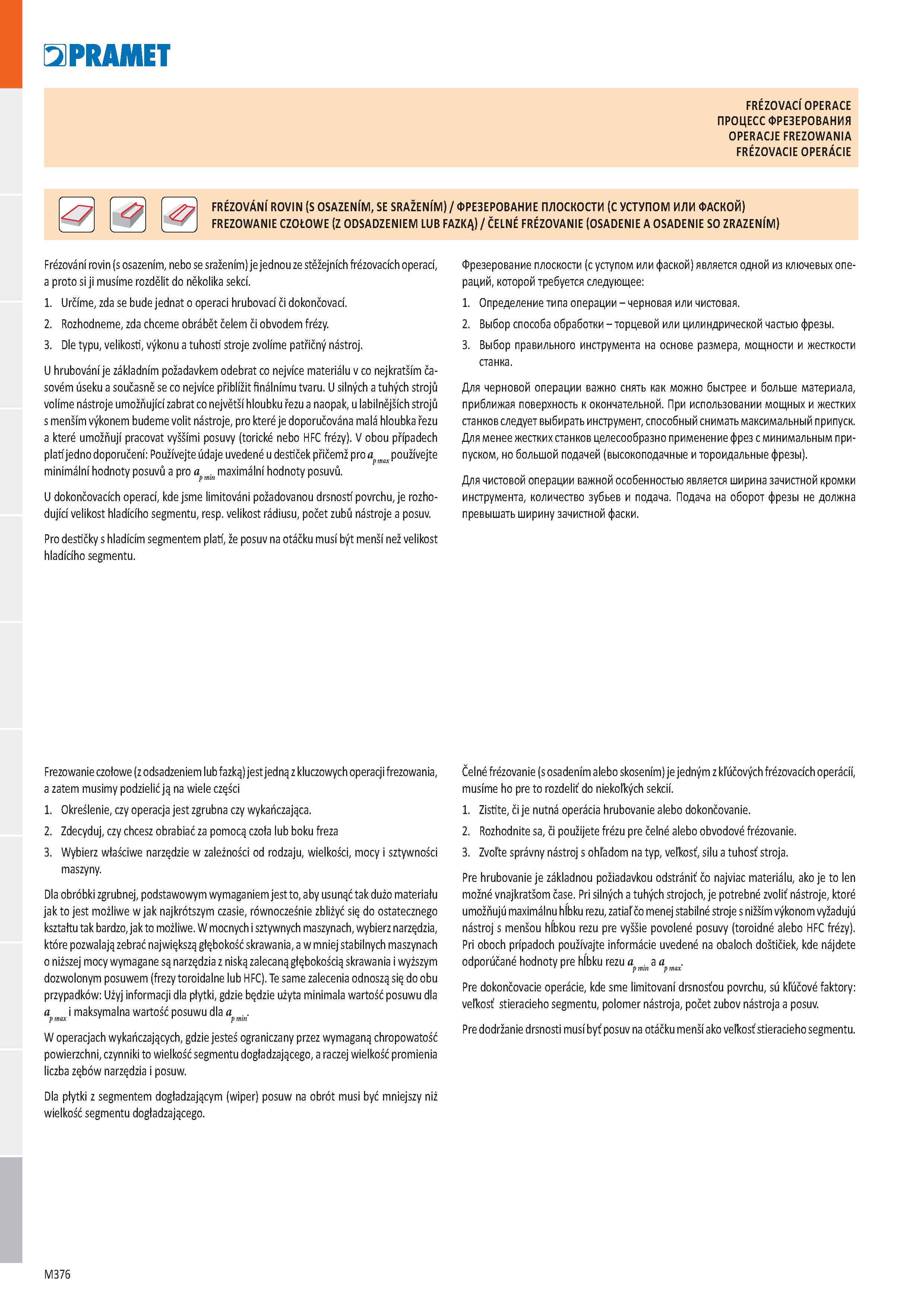 844 Pramet FRÉZOVACÍ OPERACE ПРОЦЕСС ФРЕЗЕРОВАНИЯ OPERACJE FREZOWANIA FRÉZOVACIE OPERÁCIE FRÉZOVÁNÍ ROVIN (S OSAZENÍM, SE SRAŽENÍM) / ФРЕЗЕРОВАНИЕ ПЛ Каталог PRAMET 2019 Режущий инструмент Резцы с твердосплавными пластинами по металлу для точения и растачивания Концевые и насадные фрезы Сверла с СМП Расточные головки Стр. M376