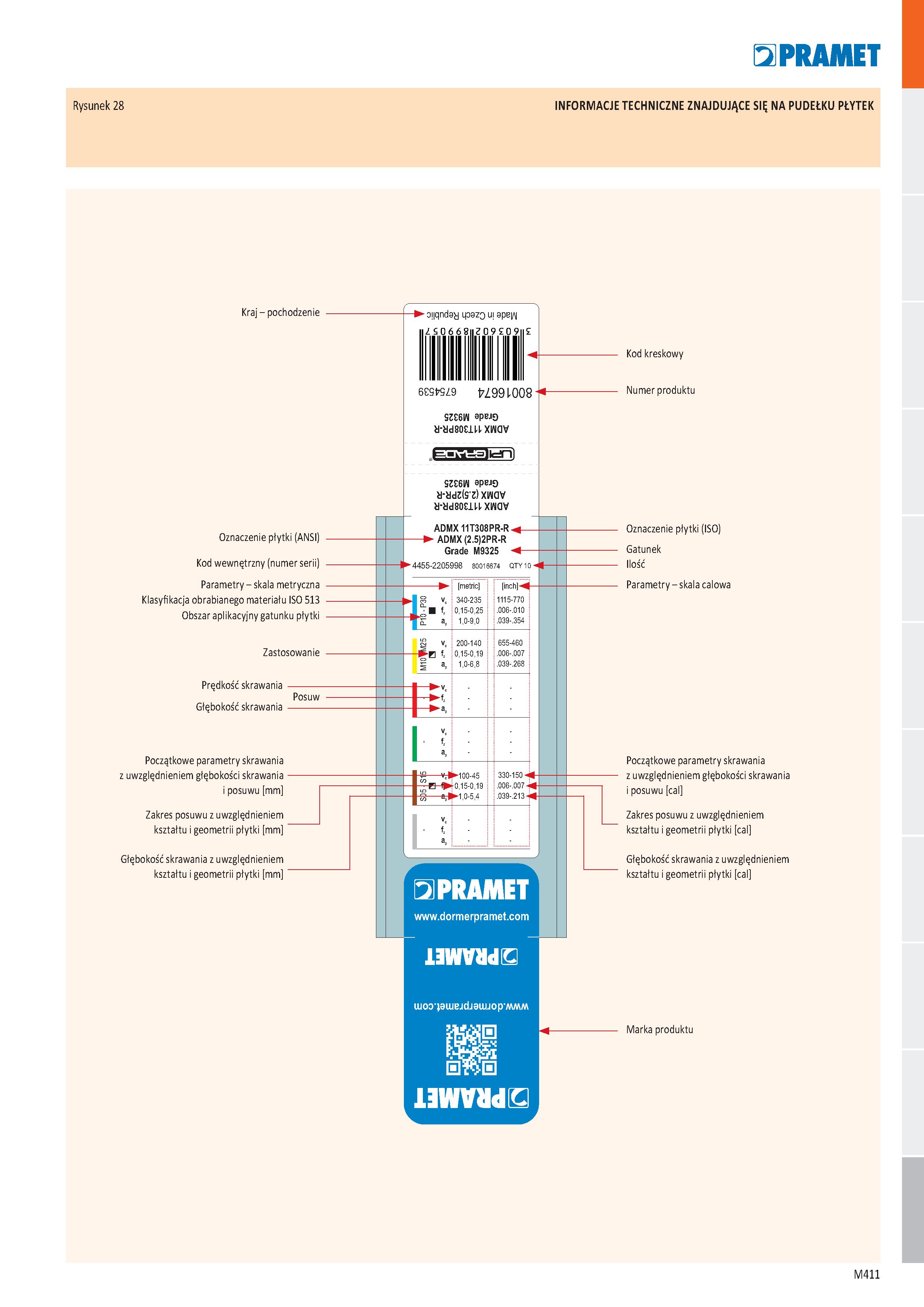 879 PR ДИЕТ Rysunek 28 INFORMACJE TECHNICZNE ZNAJDUJĄCE SIĘ NA PUDEŁKU PŁYTEK Kraj - pochodzenie Oznaczenie płytki (ANSI) Kod wewnętrzny (numer serii Каталог PRAMET 2019 Режущий инструмент Резцы с твердосплавными пластинами по металлу для точения и растачивания Концевые и насадные фрезы Сверла с СМП Расточные головки Стр. M411