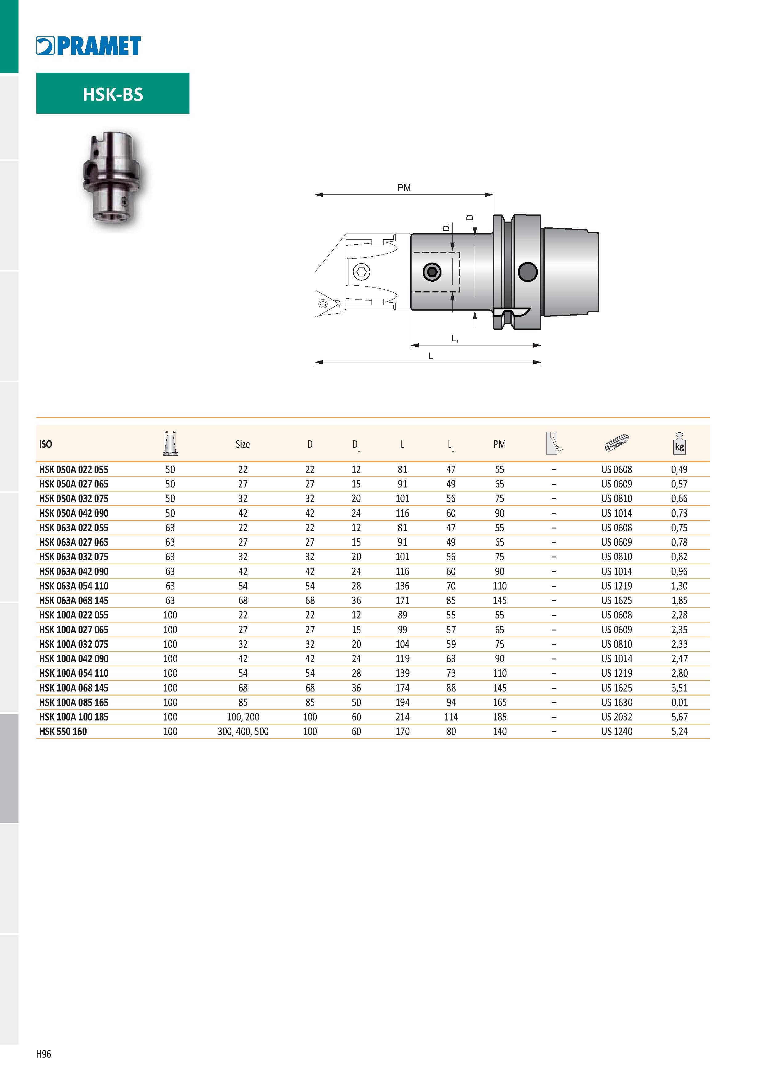 982 PRAMET HSK-BS PM ol °i 1 1 li a t L, L HSK 050A 022 055 50 22 22 12 81 47 55 - US 0608 0,49 HSK 050A 027 065 50 27 27 15 91 49 65 - US 0609 0,57 Каталог PRAMET 2019 Режущий инструмент Резцы с твердосплавными пластинами по металлу для точения и растачивания Концевые и насадные фрезы Сверла с СМП Расточные головки Стр. H96