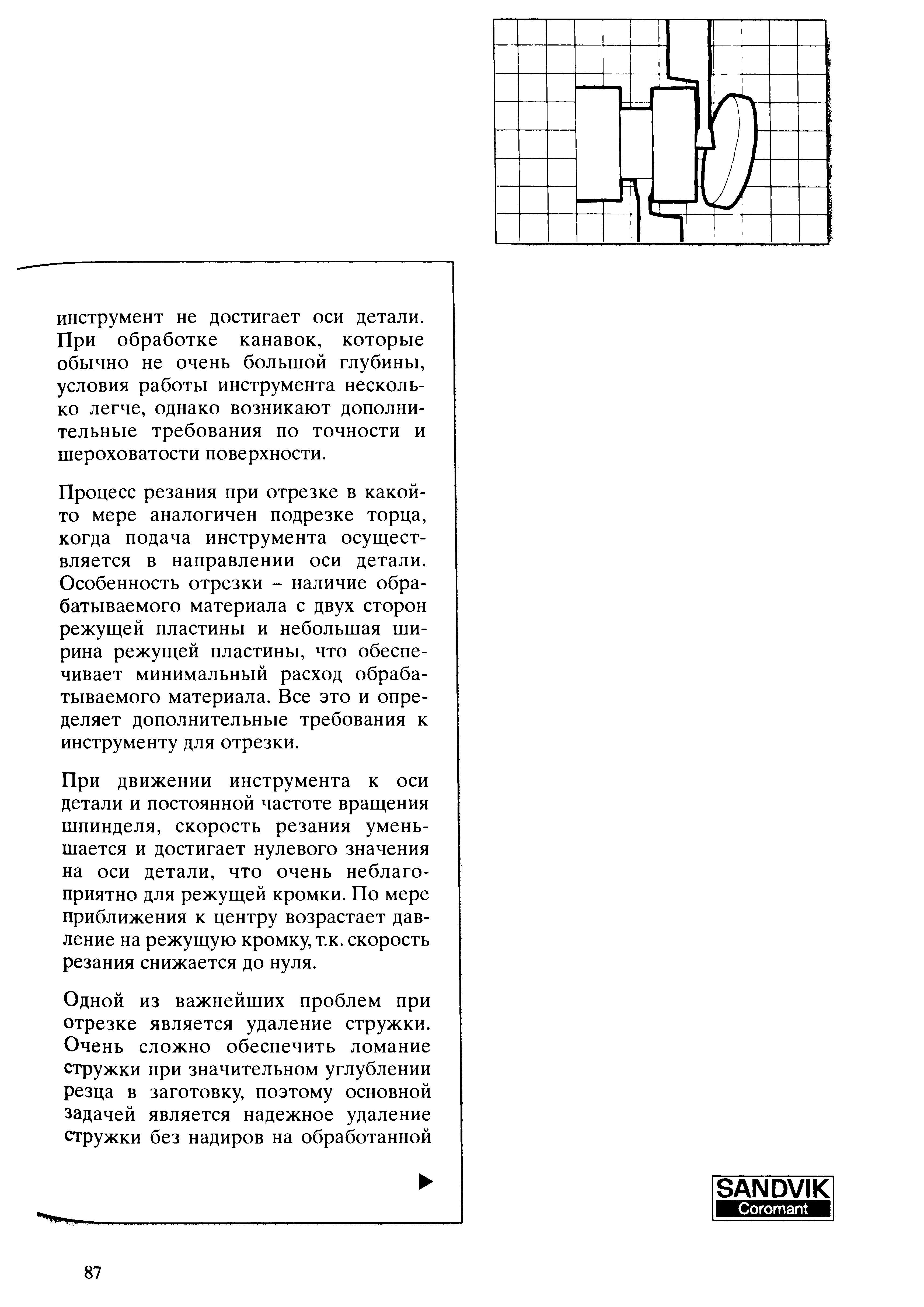 87 При движении токарного режущего инструмента к оси детали и постоянной частоте вращения шпинделя станка скорость резания уменьшается и достигает нулевого Учебник SANDVIK COROMANT 2003 Высокопроизводительная обработка металлов резанием на металлообрабатывающем оборудовании Стр. 87