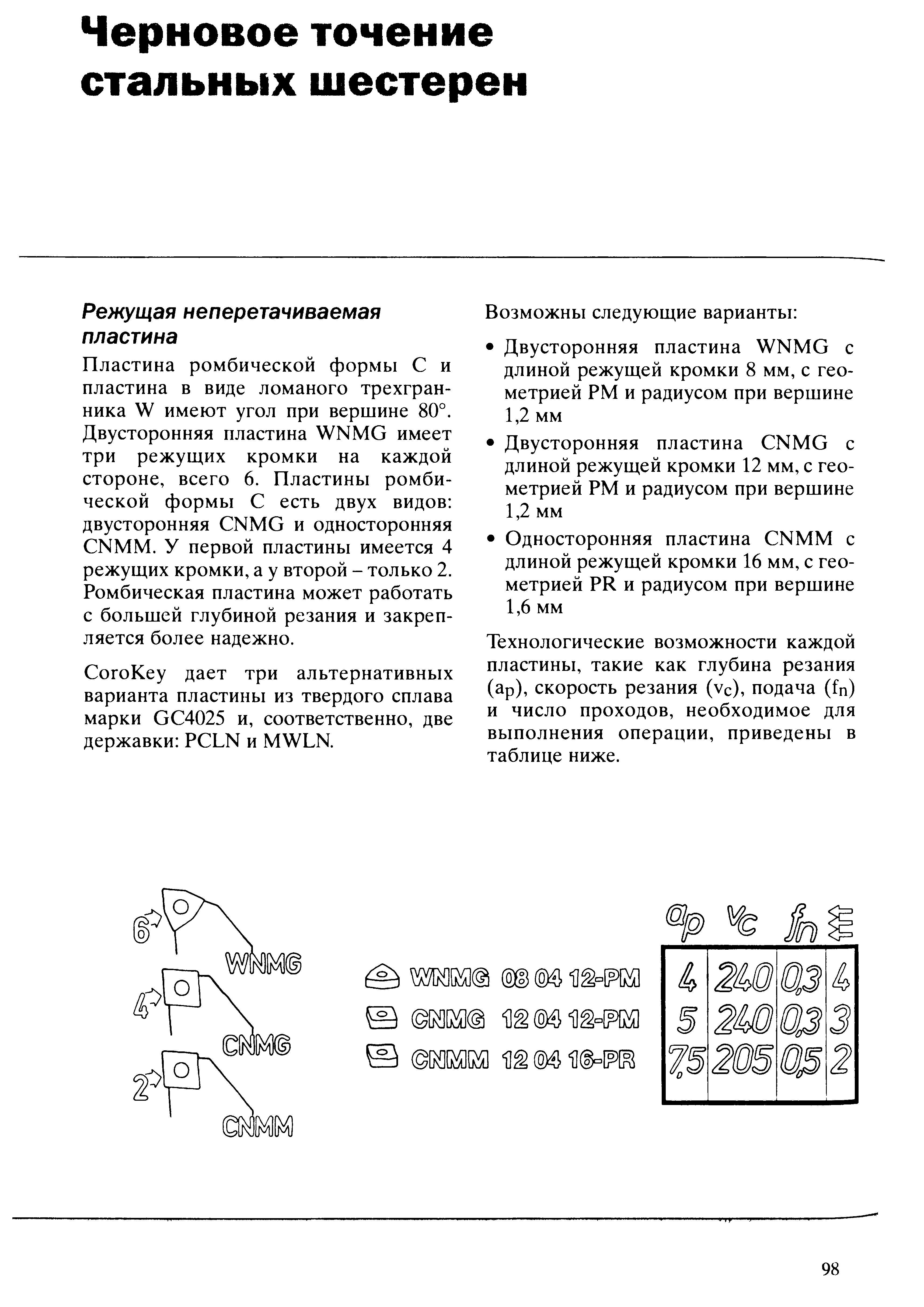 98 Технологические возможности каждой сменной режущей токарной пластины такие как глубина резания (ар) скорость резания (vc) подача (fn) и число проходов не Учебник SANDVIK COROMANT 2003 Высокопроизводительная обработка металлов резанием на металлообрабатывающем оборудовании Стр. 98