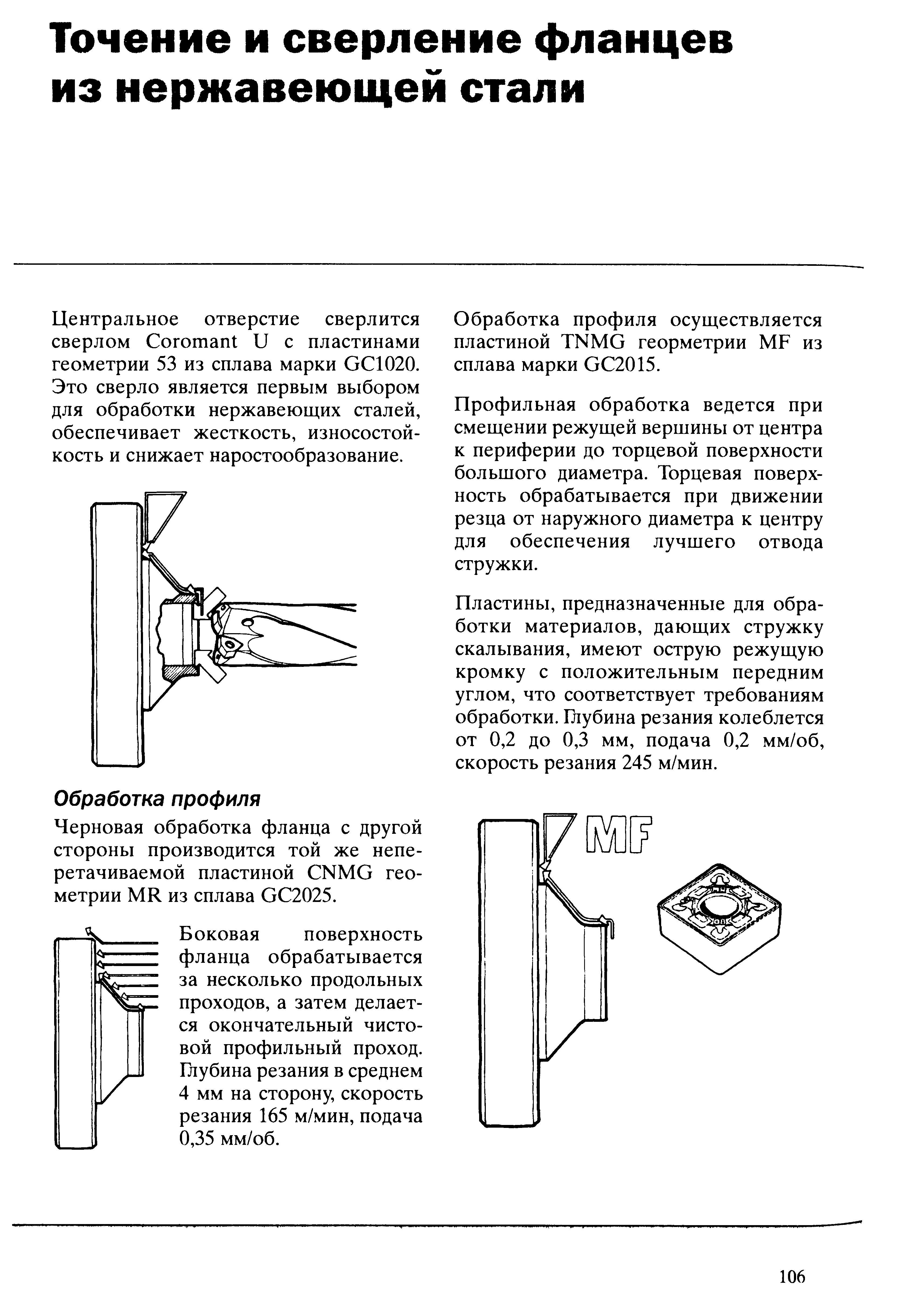 106 Токарные сменные режущие пластины предназначенные для обработки материалов дающих стружку скалывания имеют острую режущую кромку с положительным передним Учебник SANDVIK COROMANT 2003 Высокопроизводительная обработка металлов резанием на металлообрабатывающем оборудовании Стр. 106