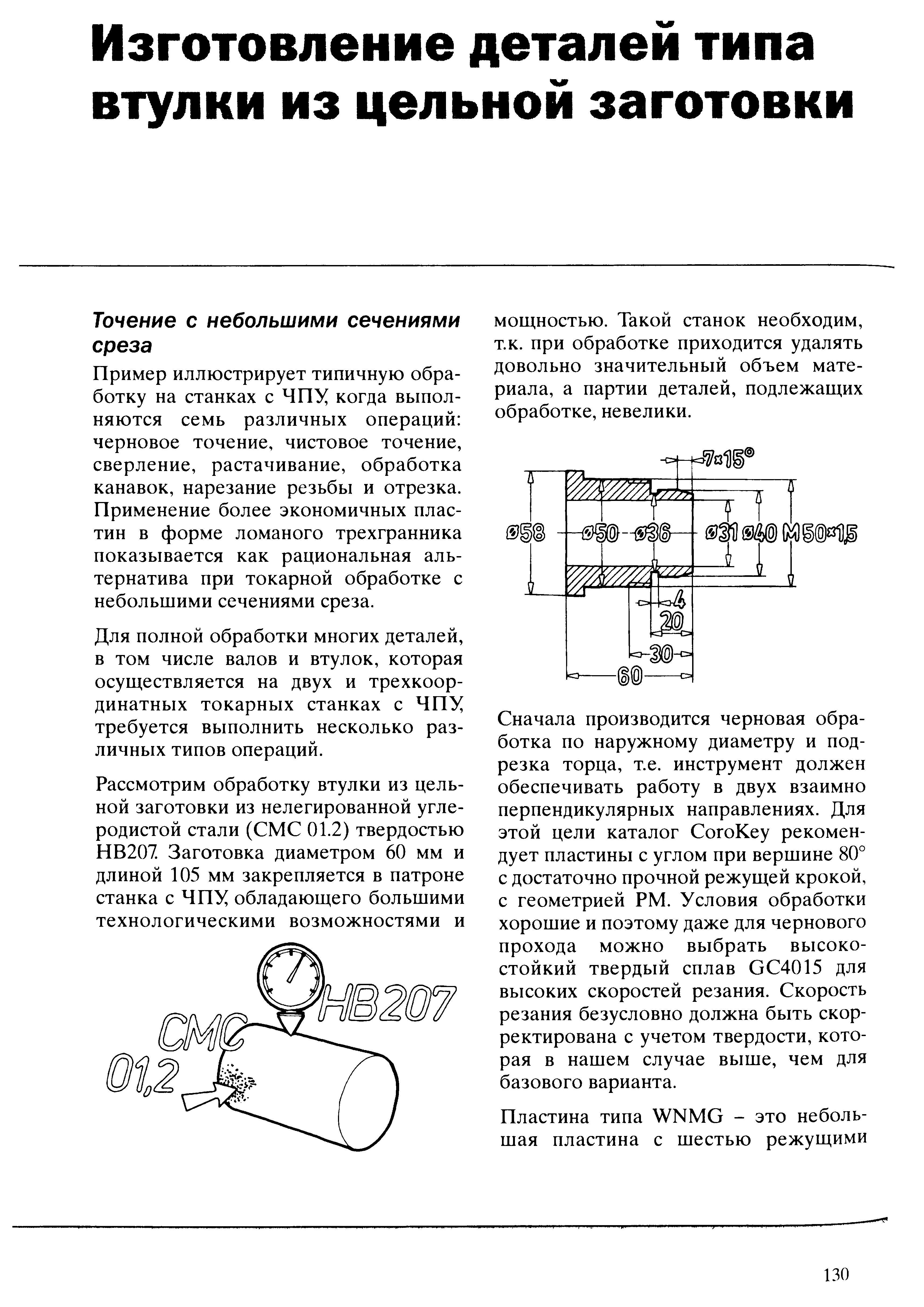130 Рассмотрим обработку втулки из цельной заготовки из нелегированной углеродистой стали (СМС 01 2) твердостью НВ207 Заготовка диаметром 60 мм и длиной 105 Учебник SANDVIK COROMANT 2003 Высокопроизводительная обработка металлов резанием на металлообрабатывающем оборудовании Стр. 130
