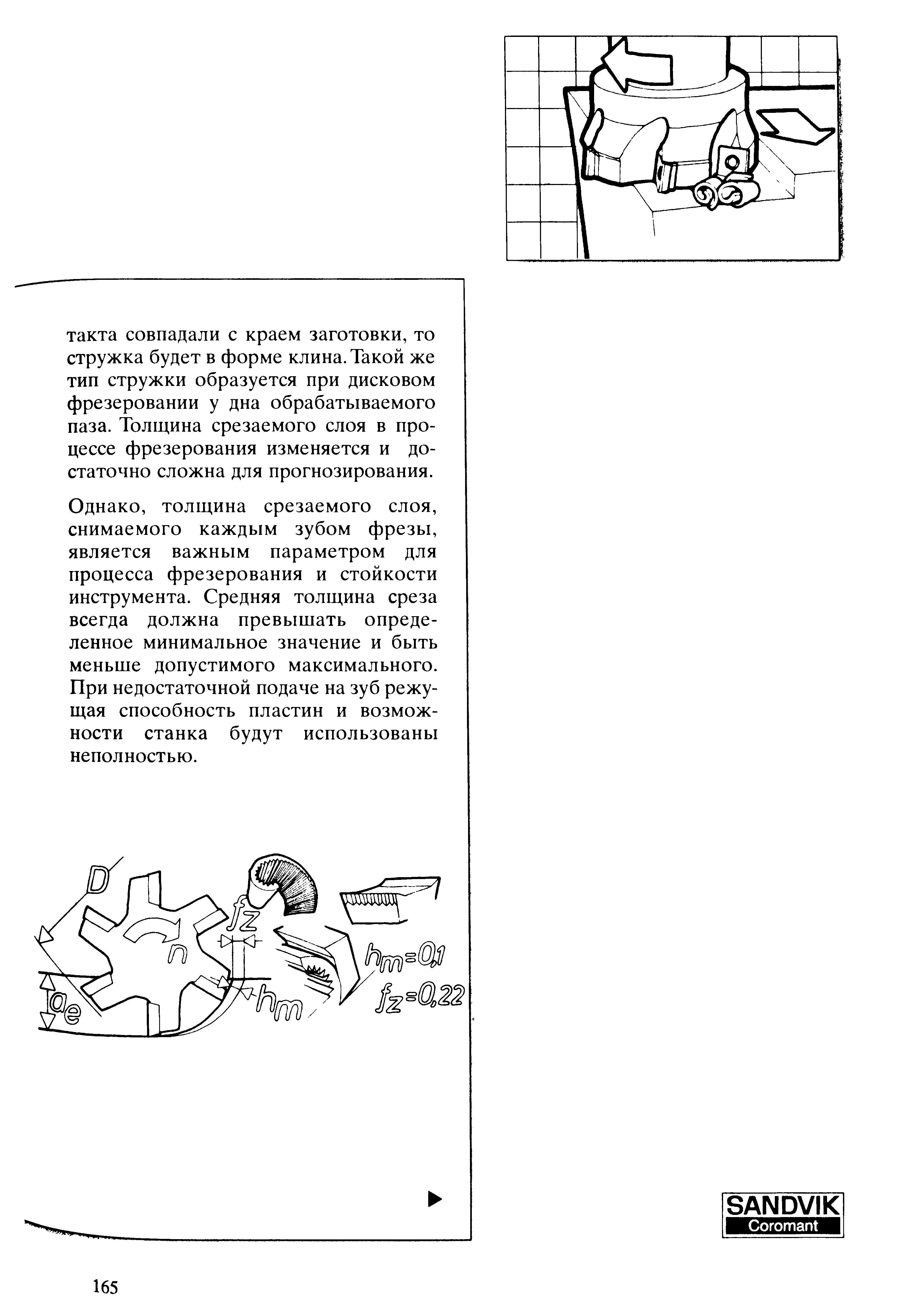 165 Толщина срезаемого слоя снимаемого каждым зубом металлорежущей фрезы является важным параметром для процесса фрезерования и стойкости инструмента Средняя Учебник SANDVIK COROMANT 2003 Высокопроизводительная обработка металлов резанием на металлообрабатывающем оборудовании Стр. 165