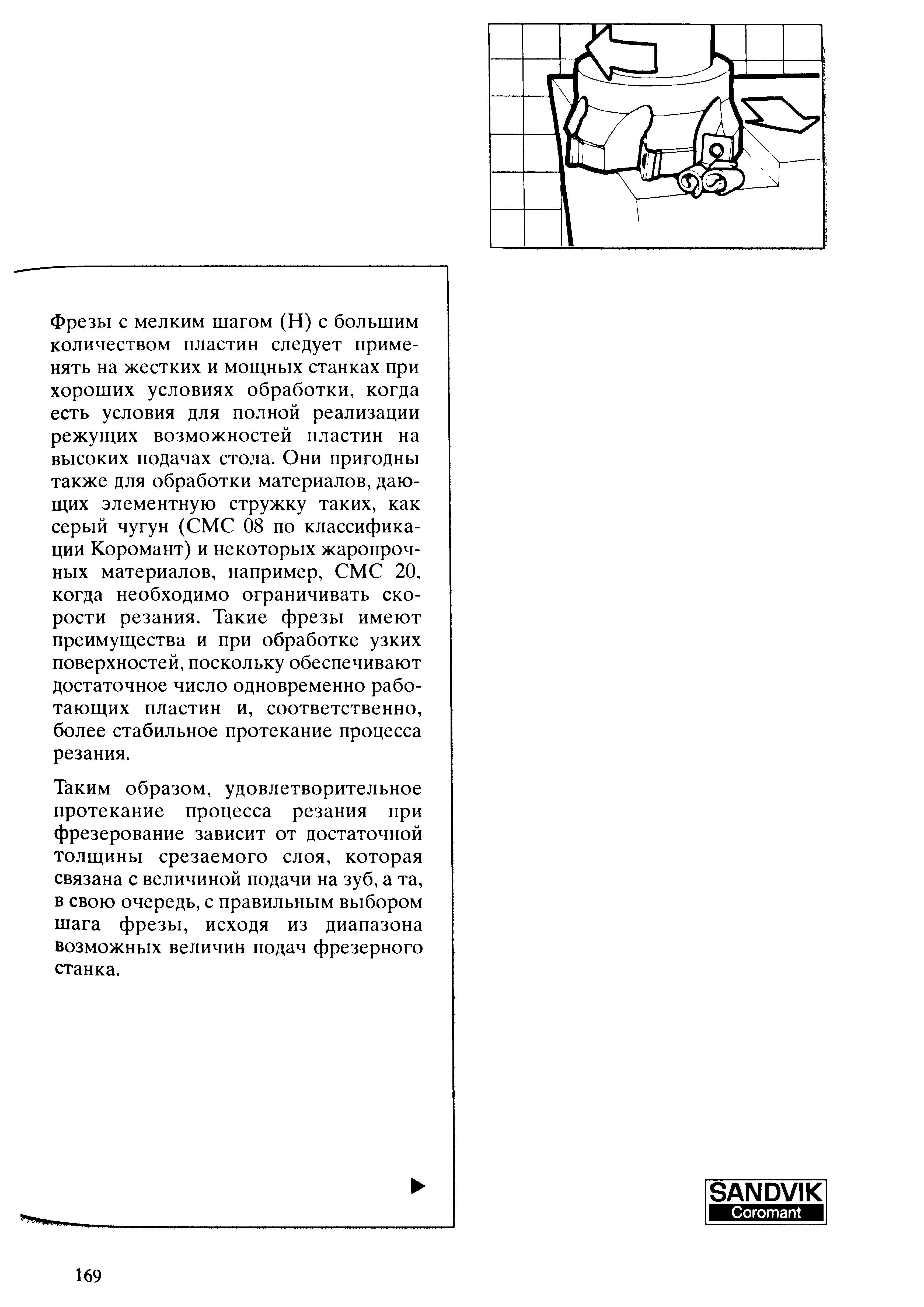 169 Сборные фрезы с мелким шагом (Н) с большим количеством сменных режущих пластин следует применять на жестких и мощных металлообрабатывающих станках станка Учебник SANDVIK COROMANT 2003 Высокопроизводительная обработка металлов резанием на металлообрабатывающем оборудовании Стр. 169