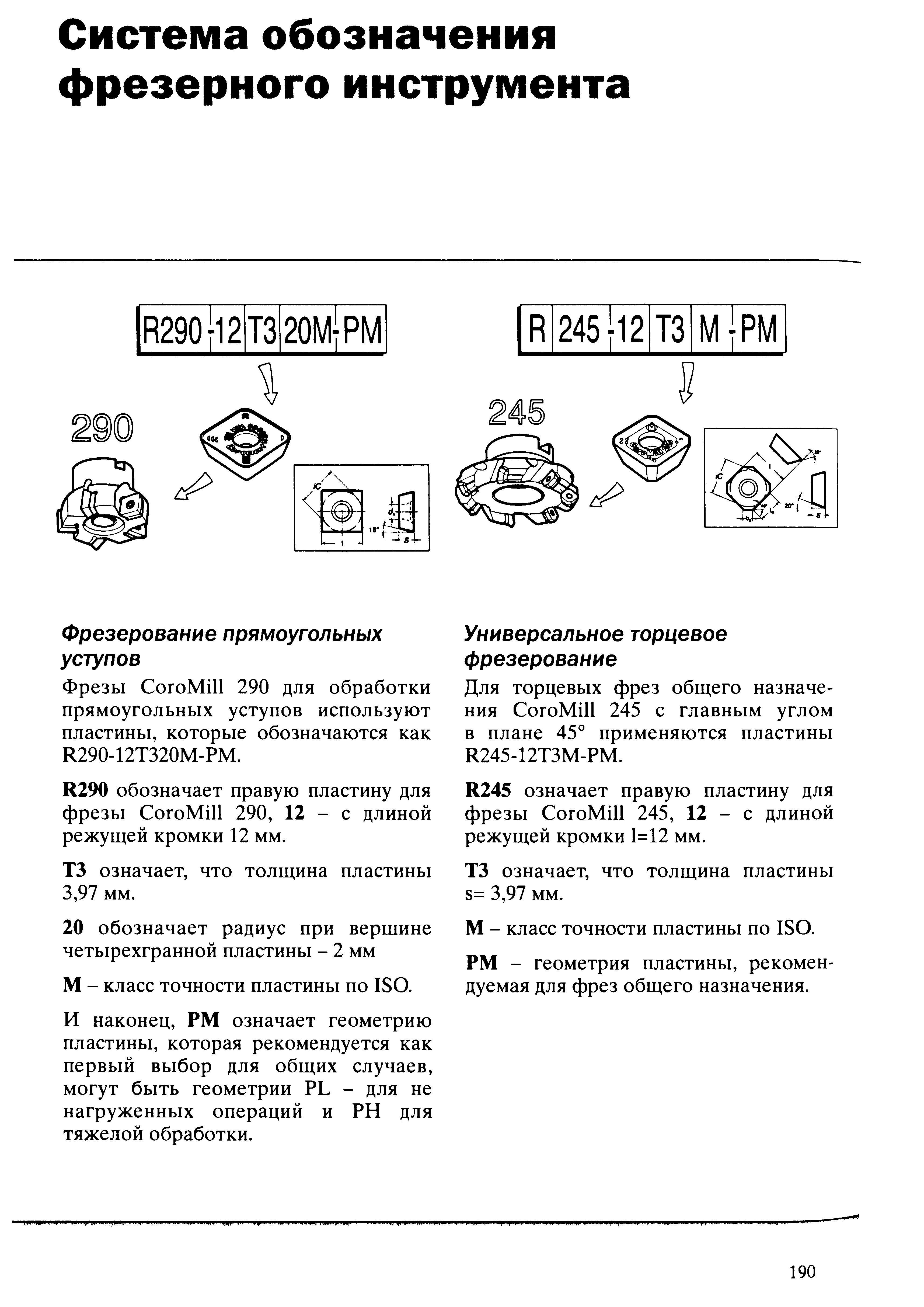 190 Фрезы CoroMill 290 для обработки прямоугольных уступов используют пластины которые обозначаются как R290-12T320M-PM R290 обозначает правую пластину для ф Учебник SANDVIK COROMANT 2003 Высокопроизводительная обработка металлов резанием на металлообрабатывающем оборудовании Стр. 190