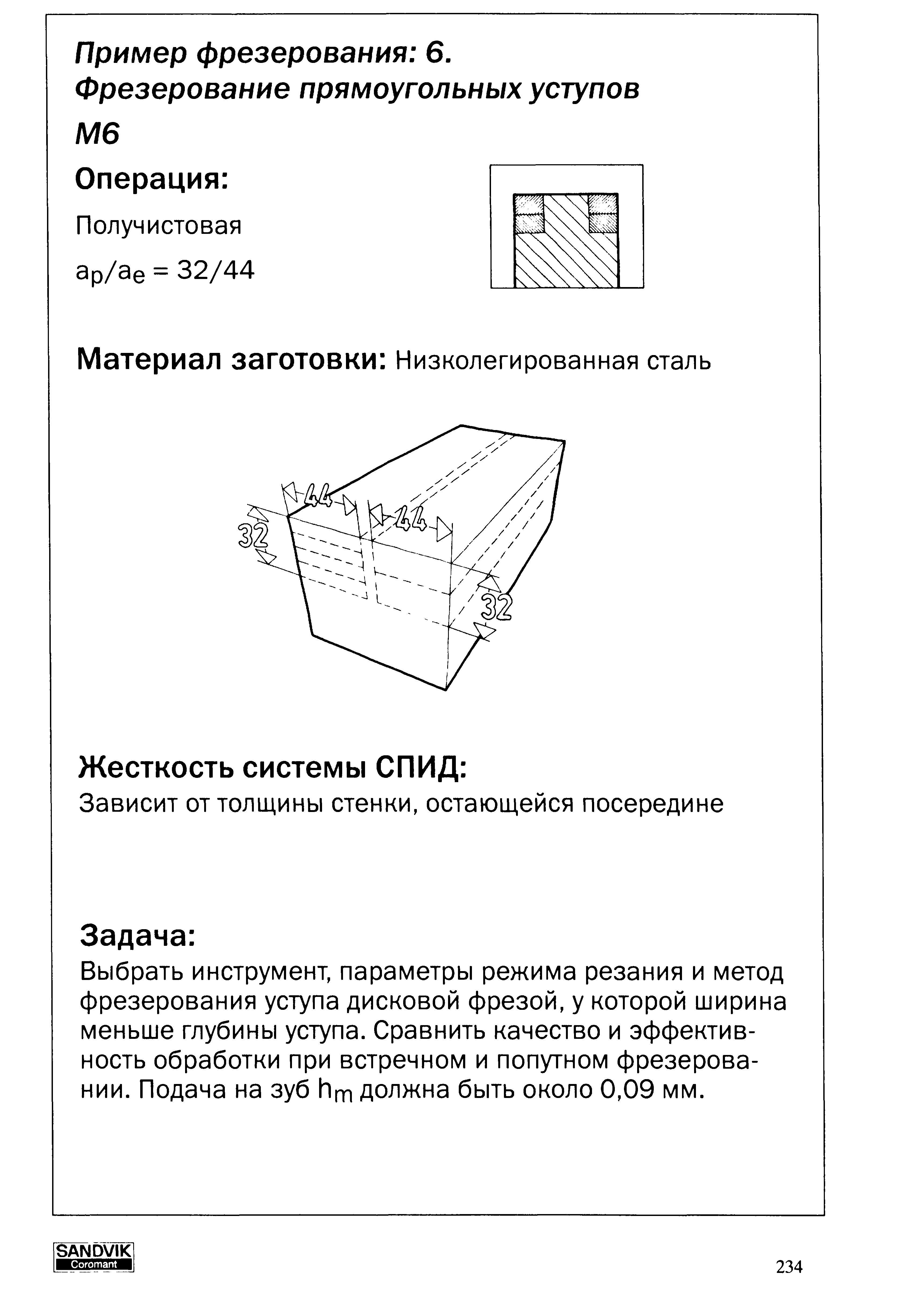 234 Жесткость системы СПИД Зависит от толщины стенки остающейся посередине Задача Выбрать фрезерный инструмент параметры режима резания и метод фрезерования Учебник SANDVIK COROMANT 2003 Высокопроизводительная обработка металлов резанием на металлообрабатывающем оборудовании Стр. 234