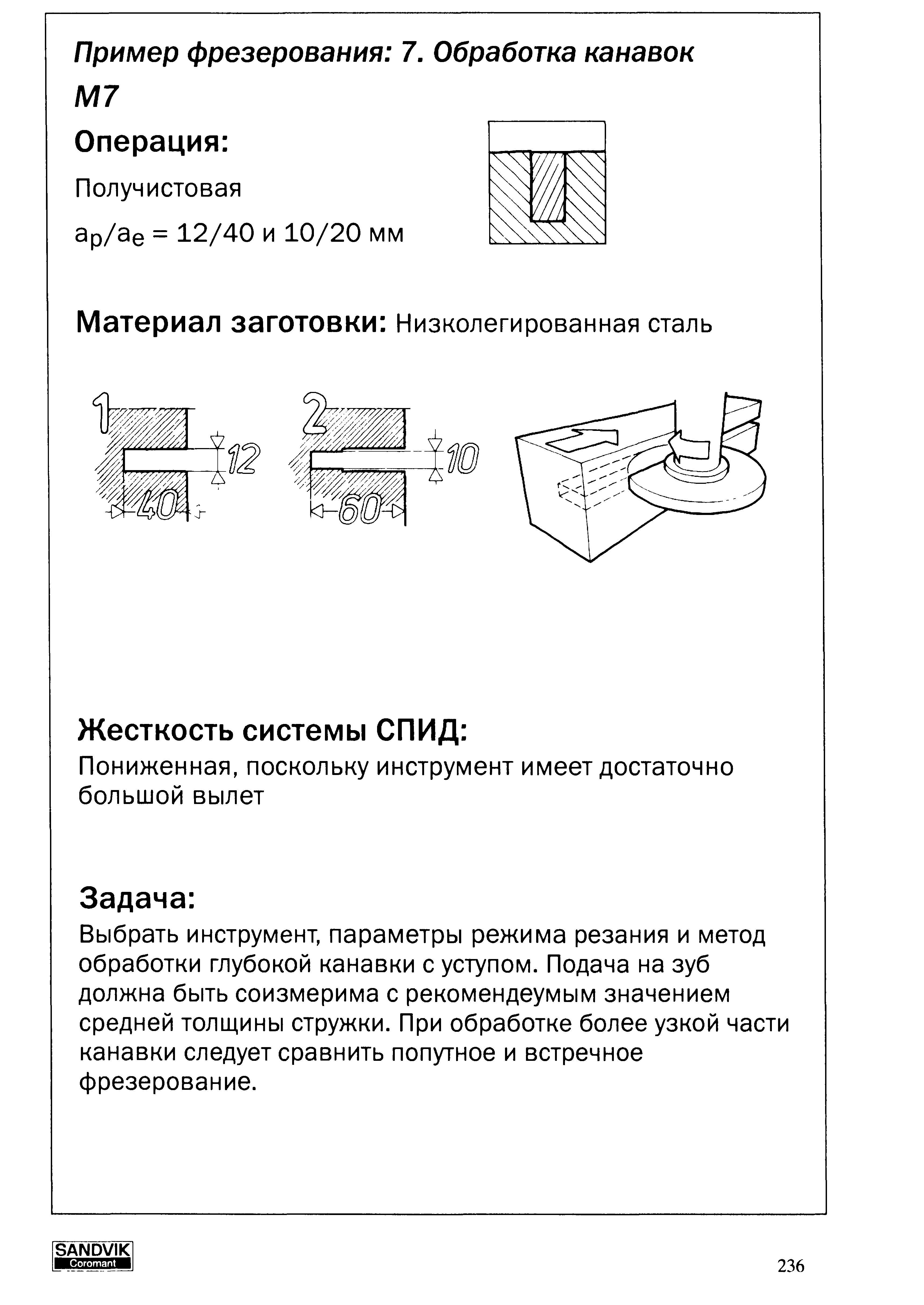 236 Жесткость системы СПИД Пониженная поскольку инструмент имеет достаточно большой вылет Задача Выбрать инструмент параметры режима резания и метод обработк Учебник SANDVIK COROMANT 2003 Высокопроизводительная обработка металлов резанием на металлообрабатывающем оборудовании Стр. 236