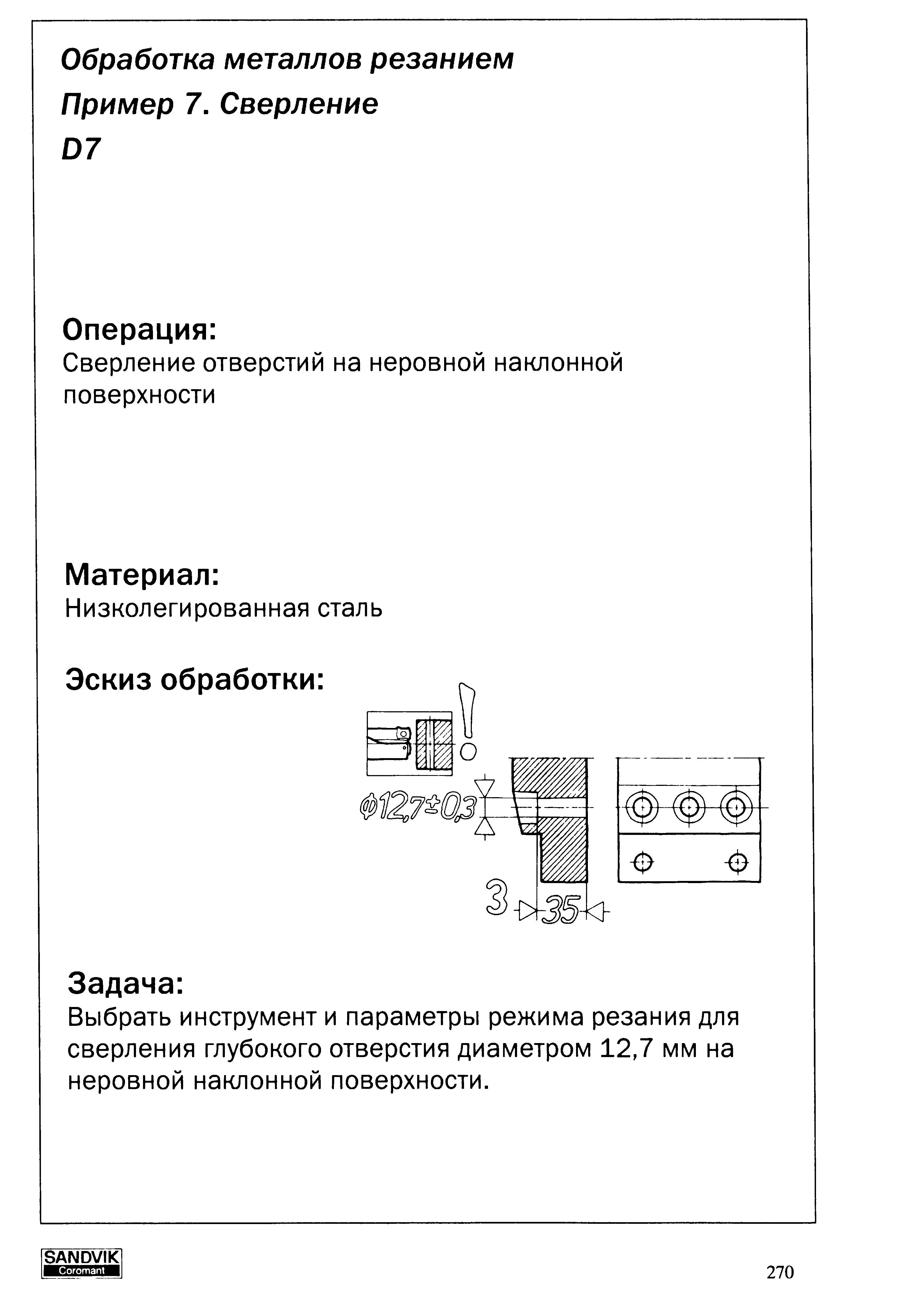 270 Задача Выбрать инструмент и параметры режима резания для сверления глубокого отверстия диаметром 127 мм на неровной наклонной поверхности Сверление отвер Учебник SANDVIK COROMANT 2003 Высокопроизводительная обработка металлов резанием на металлообрабатывающем оборудовании Стр. 270