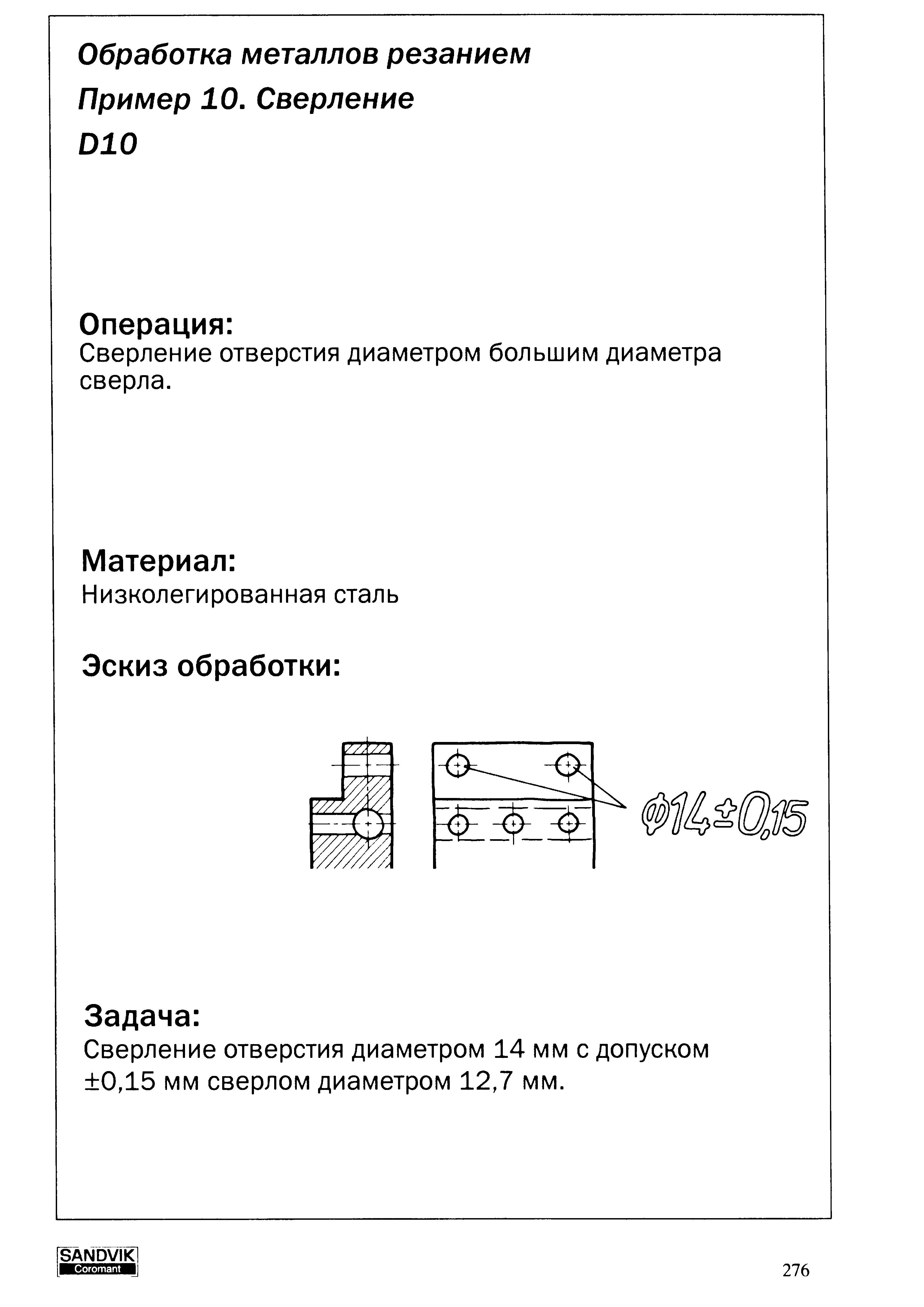 276 Сверление отверстия диаметром большим диаметра сверла Материал Низколегированная сталь Эскиз обработки Задача Сверление отверстия диаметром 14 мм с допус Учебник SANDVIK COROMANT 2003 Высокопроизводительная обработка металлов резанием на металлообрабатывающем оборудовании Стр. 276