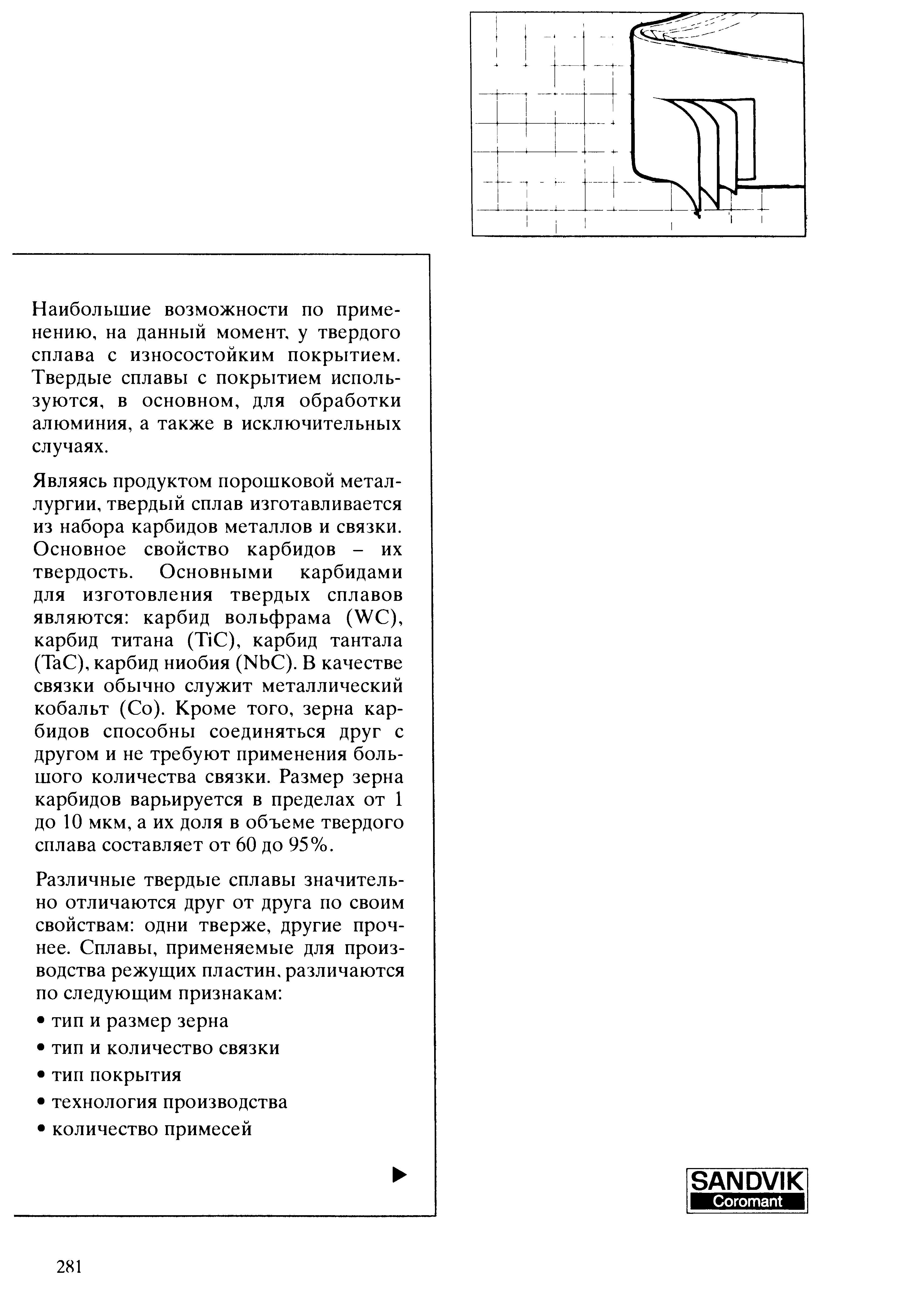 281 Являясь продуктом порошковой металлургии твердый сплав изготавливается из набора карбидов металлов и связки Основное свойство карбидов твердость Основным Учебник SANDVIK COROMANT 2003 Высокопроизводительная обработка металлов резанием на металлообрабатывающем оборудовании Стр. 281