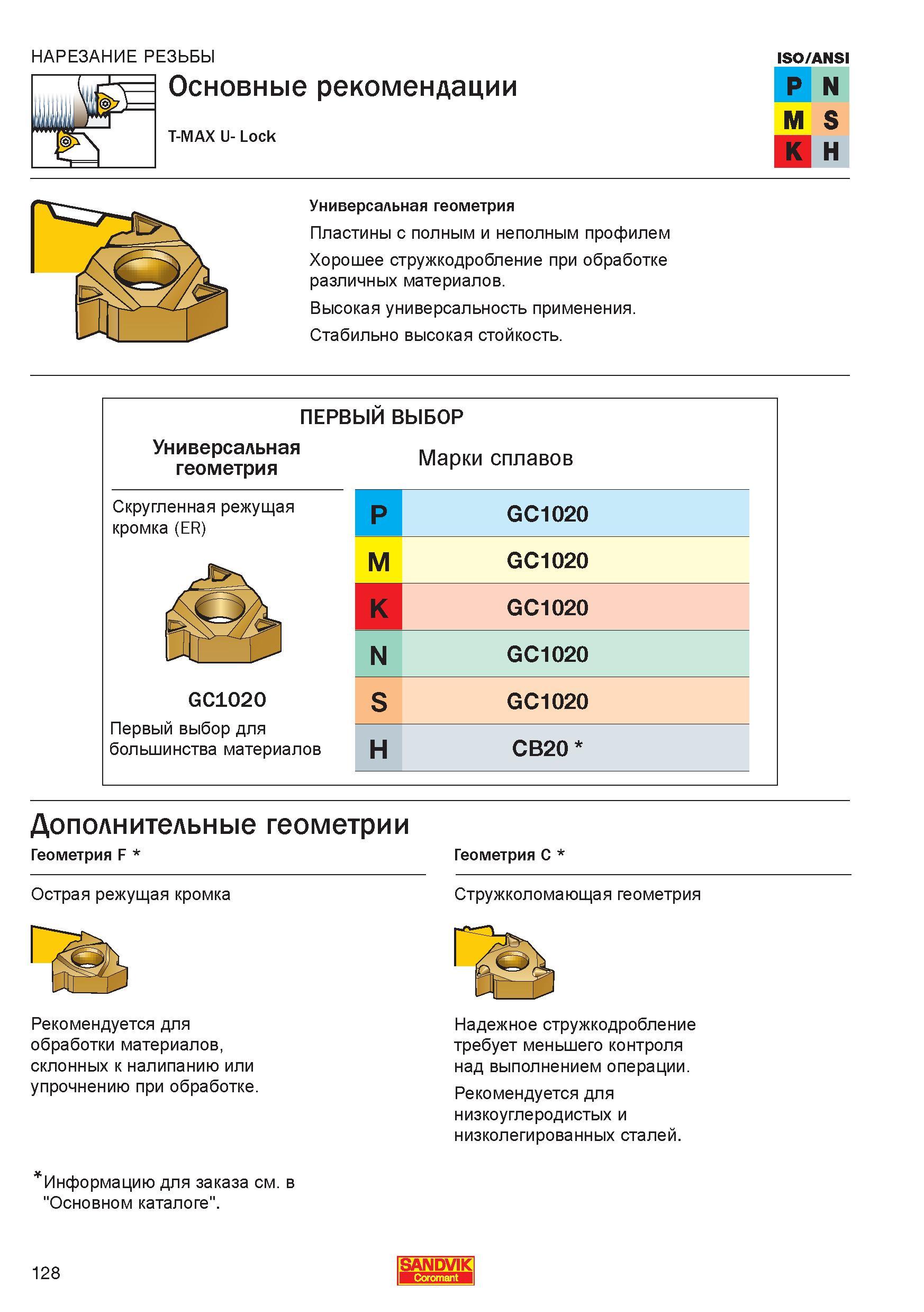 130 Основные рекомендации производителя по применению резьбонарезного токарного инструмента Sandvik T-MAX U- Lock Универсальная геометрия Пласти Справочник - Каталог SANDVIK COROMANT 2006 CoroKey Металлорежущий инструмент со сменными режущими пластинами и цельный для точения фрезерования сверления на станках Стр. 128