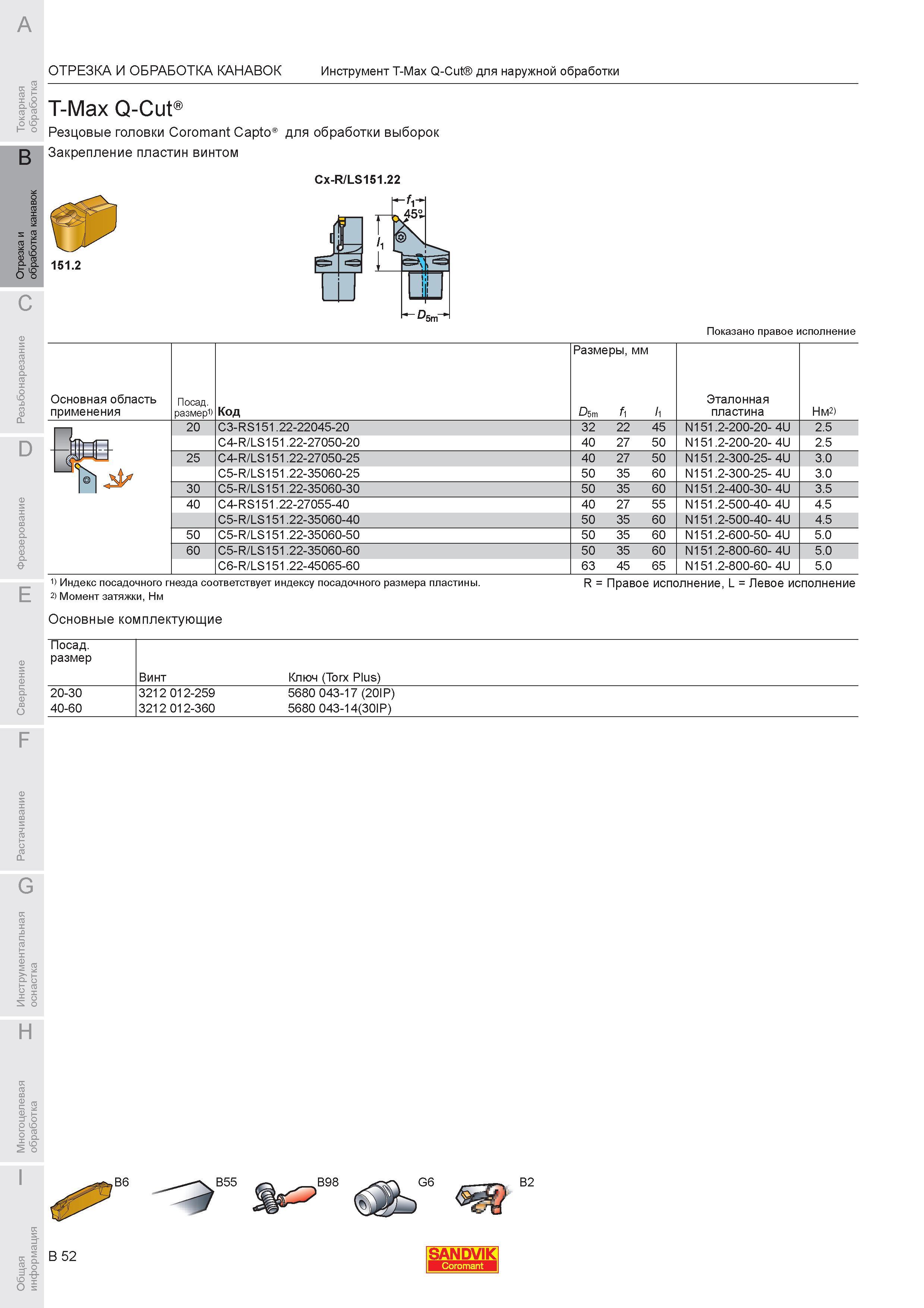 418 Резцовые головки Sandvik Coromant Capto для обработки выборок Закрепление пластин винтом CX-R/LS151 22 151 2 Показано правое исполнение Основная обла Каталог SANDVIK COROMANT 2007 Металлорежущий инструмент для точения фрезерования сверления растачивания Инструментальная оснастка Стр. B52