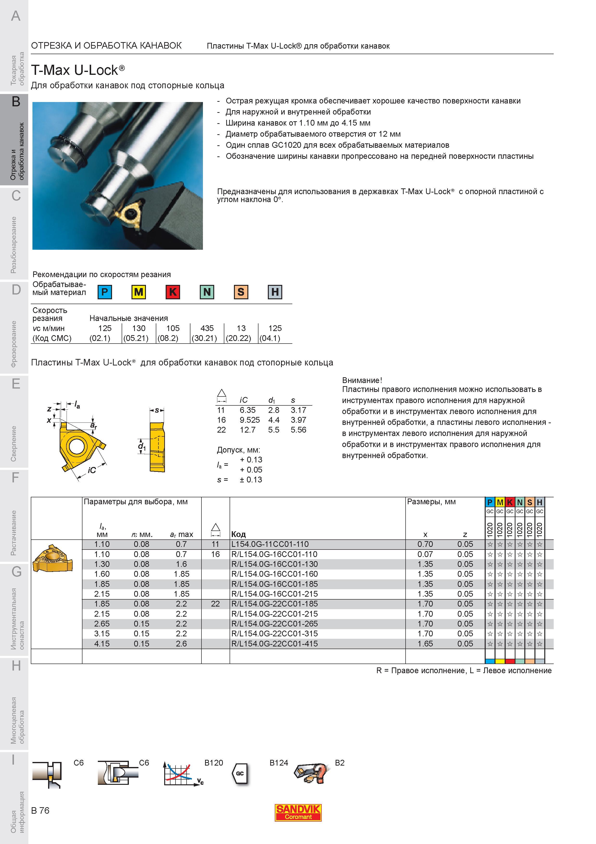 442 Пластины сменные режущие твердосплавные Sandvik T-Max U-Lock для обработки канавок под стопорные кольца Острая режущая кромка обеспечивает хорошее ка Каталог SANDVIK COROMANT 2007 Металлорежущий инструмент для точения фрезерования сверления растачивания Инструментальная оснастка Стр. B76