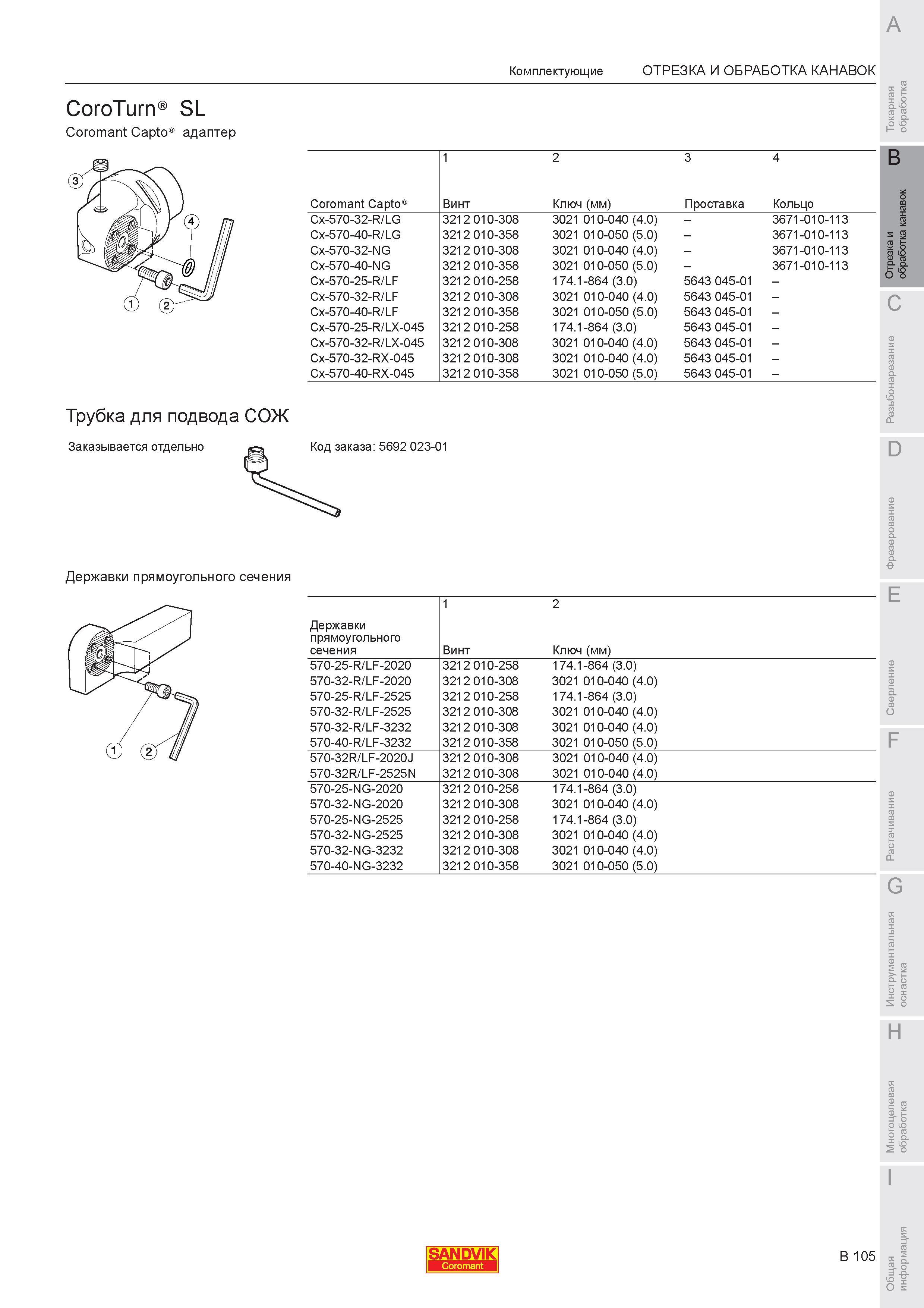 471 Комплектующие Sandvik CoroTurn SL Coromant Capto адаптер Coromant Capto Винт Ключ (мм) Проставка Кольцо ОТРЕЗКА И ОБРАБОТКА КАНАВОК CX-570-32-R/LG 32 Каталог SANDVIK COROMANT 2007 Металлорежущий инструмент для точения фрезерования сверления растачивания Инструментальная оснастка Стр. B105