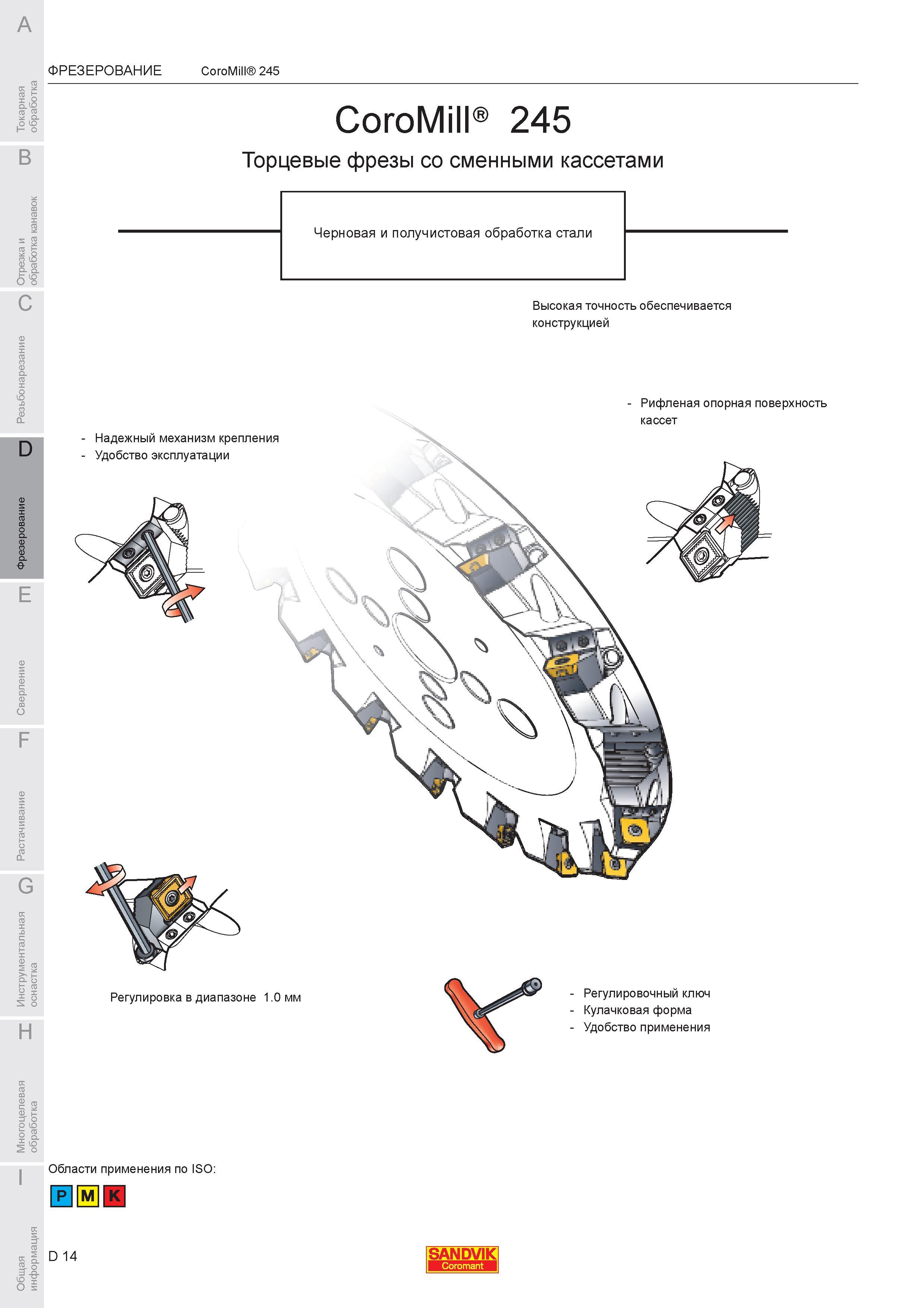 568 Торцевые фрезы Sandvik CoroMill 245 со сменными кассетами Черновая и получистовая обработка стали Высокая точность обеспечивается конструкцией Рифлен Каталог SANDVIK COROMANT 2007 Металлорежущий инструмент для точения фрезерования сверления растачивания Инструментальная оснастка Стр. D14