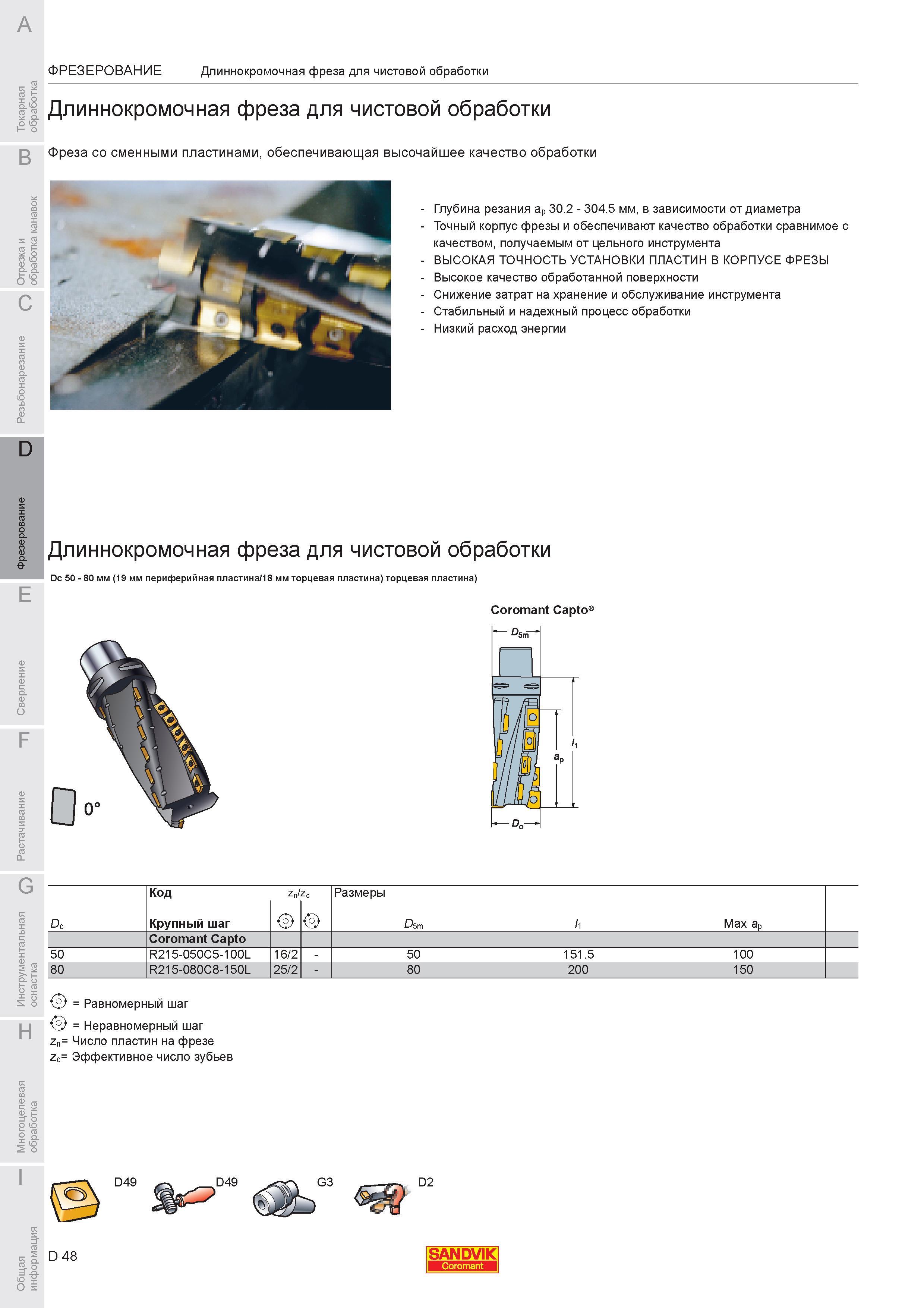 602 Длиннокромочная фреза Sandvik для чистовой обработки Фреза со сменными пластинами обеспечивающая высочайшее качество обработки Глубина резания ap 30 Каталог SANDVIK COROMANT 2007 Металлорежущий инструмент для точения фрезерования сверления растачивания Инструментальная оснастка Стр. D48