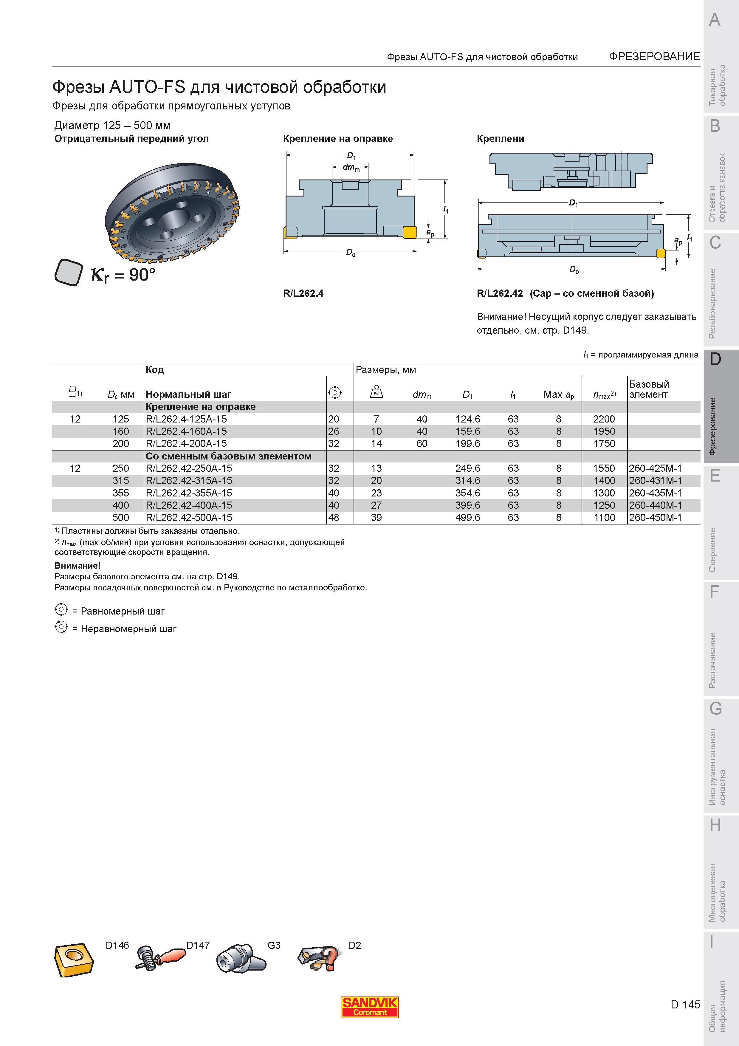 699 Фрезы Sandvik AUTO-FS для чистовой обработки Фрезы для обработки прямоугольных уступов Диаметр 125 500 мм Отрицательный передний угол Кг 90 Крепление Каталог SANDVIK COROMANT 2007 Металлорежущий инструмент для точения фрезерования сверления растачивания Инструментальная оснастка Стр. D145
