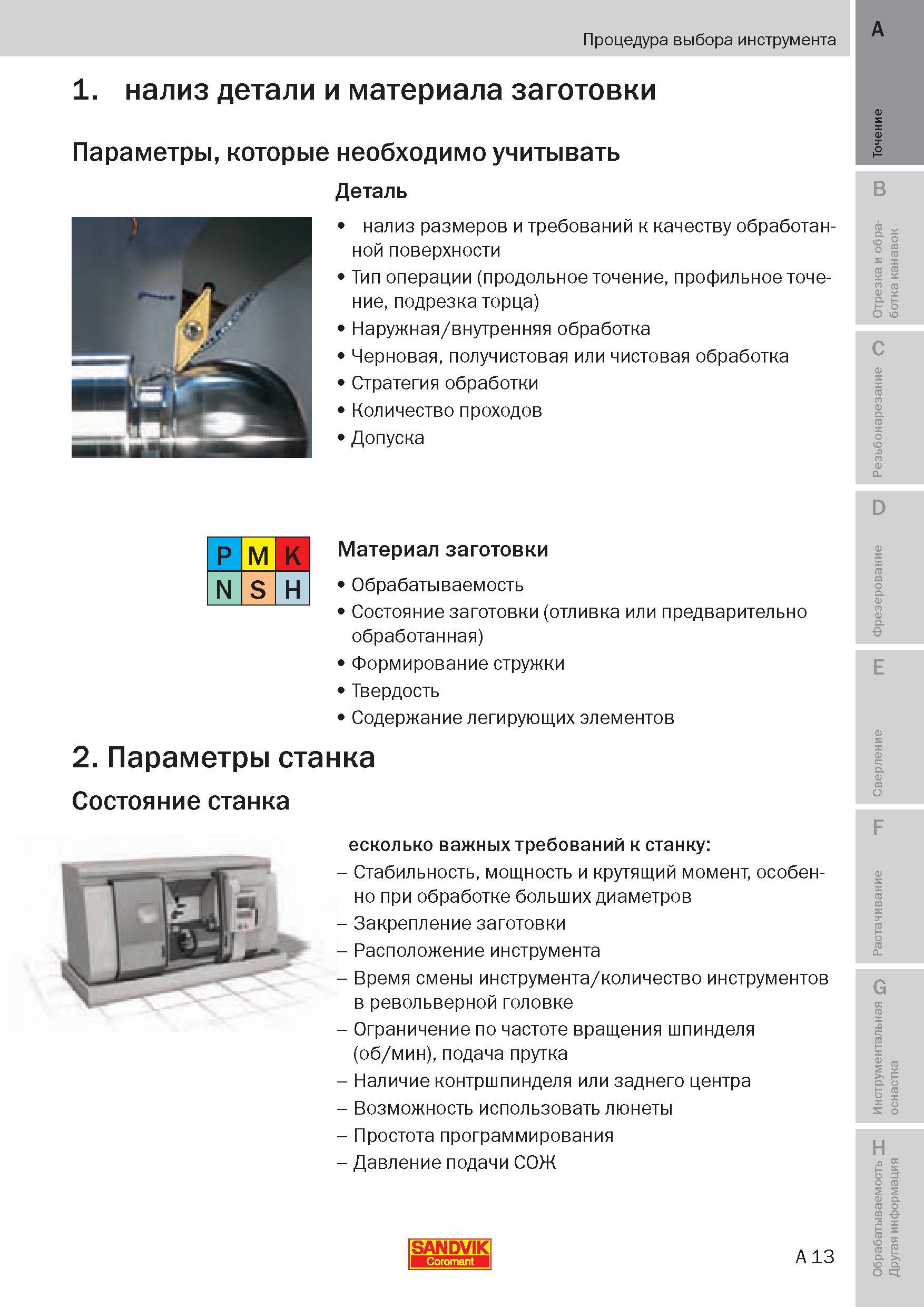 12 Последовательность выбора токарного инструмента Рекомендации шведской компании-производителя Анализ детали и материала заготовки Пособие SANDVIK COROMANT 2009 Обработка материалов резанием Металлорежущий инструмент и инструментальная оснастка для металлообрабатывающего промышленного оборудования Стр. A13