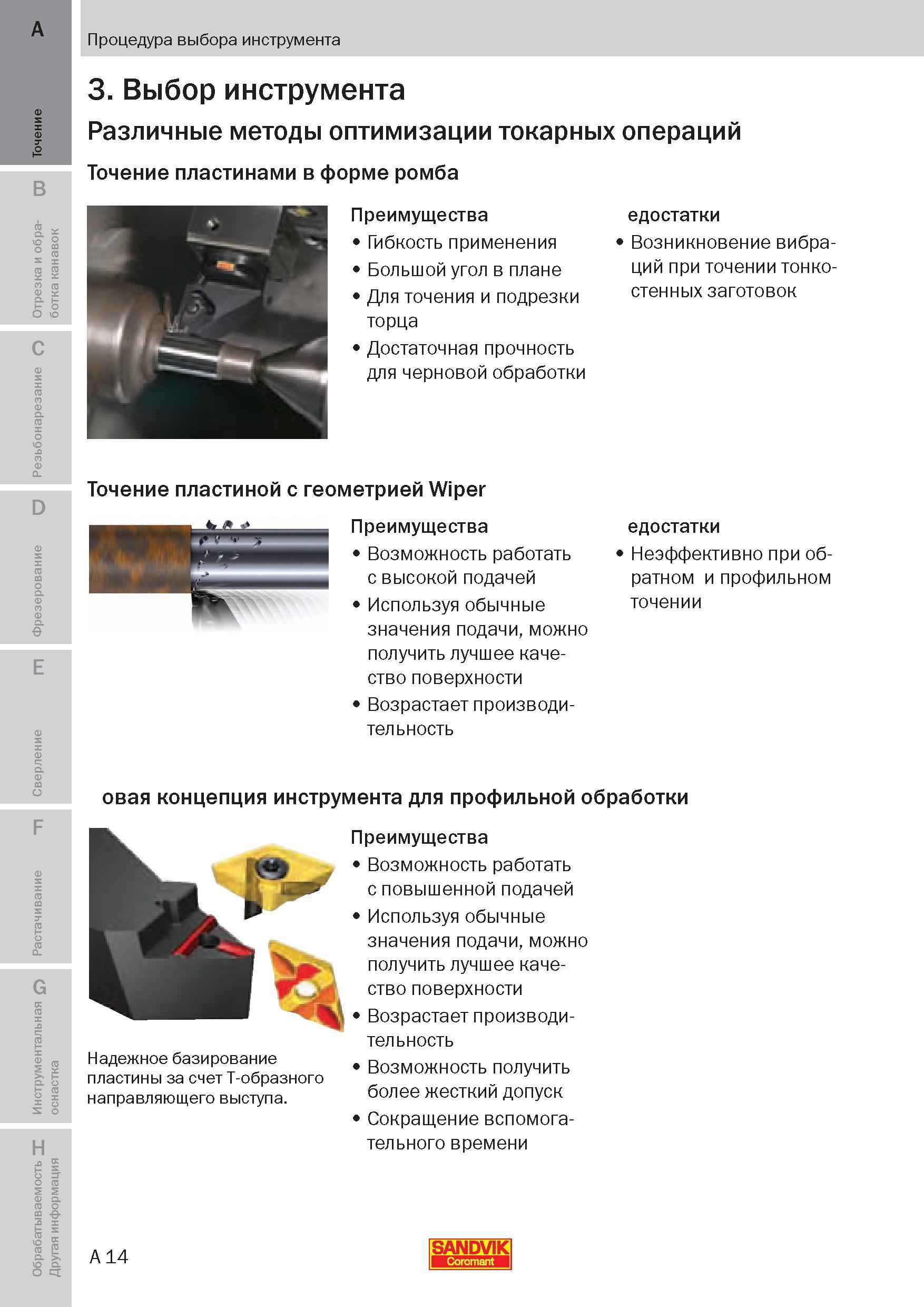 13 Преимущества токарной обработки сменной режущей твердосплавной пластиной с геометрией Wiper Возможность работать с высокой подачей Пособие SANDVIK COROMANT 2009 Обработка материалов резанием Металлорежущий инструмент и инструментальная оснастка для металлообрабатывающего промышленного оборудования Стр. A14