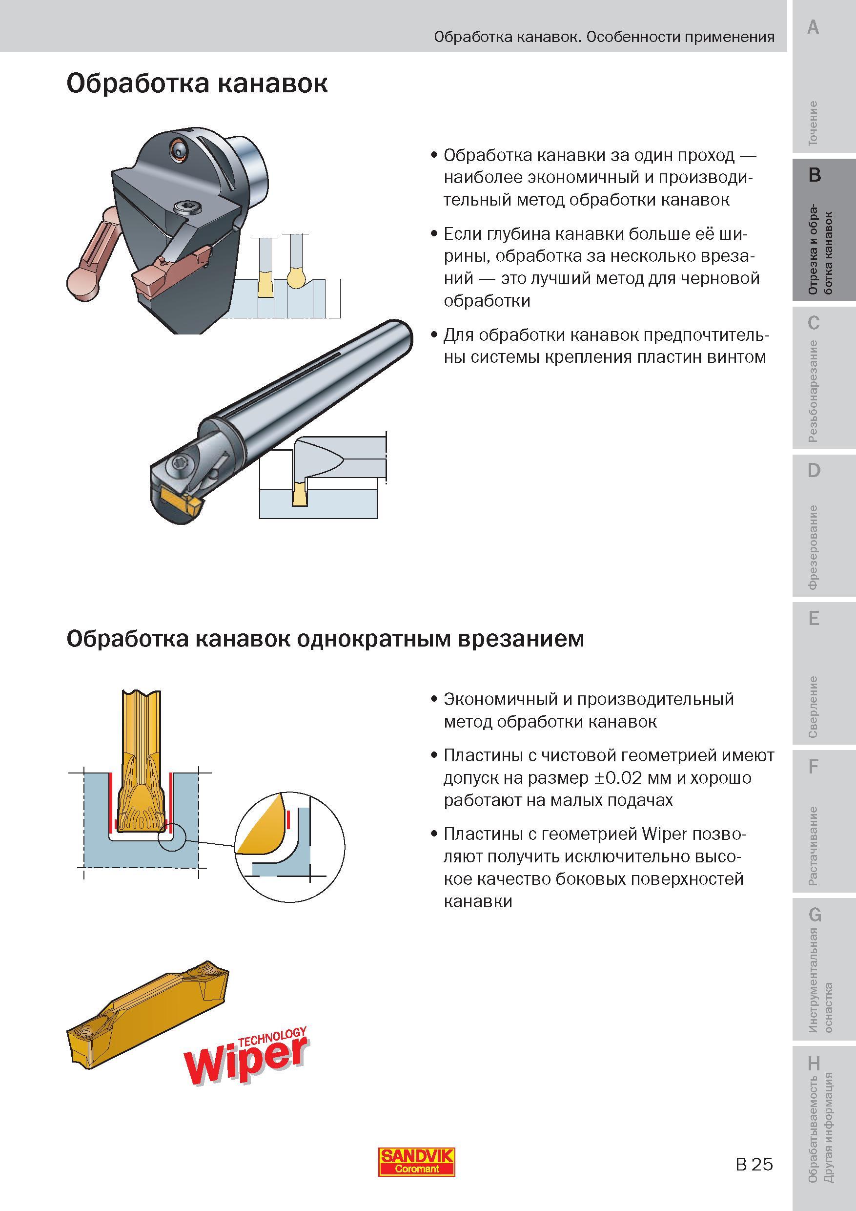 94 Точение канавок на токарных станках Обработка канавки за один проход наиболее экономичный и производительный метод обработки канавок Если глубина Пособие SANDVIK COROMANT 2009 Обработка материалов резанием Металлорежущий инструмент и инструментальная оснастка для металлообрабатывающего промышленного оборудования Стр. B25