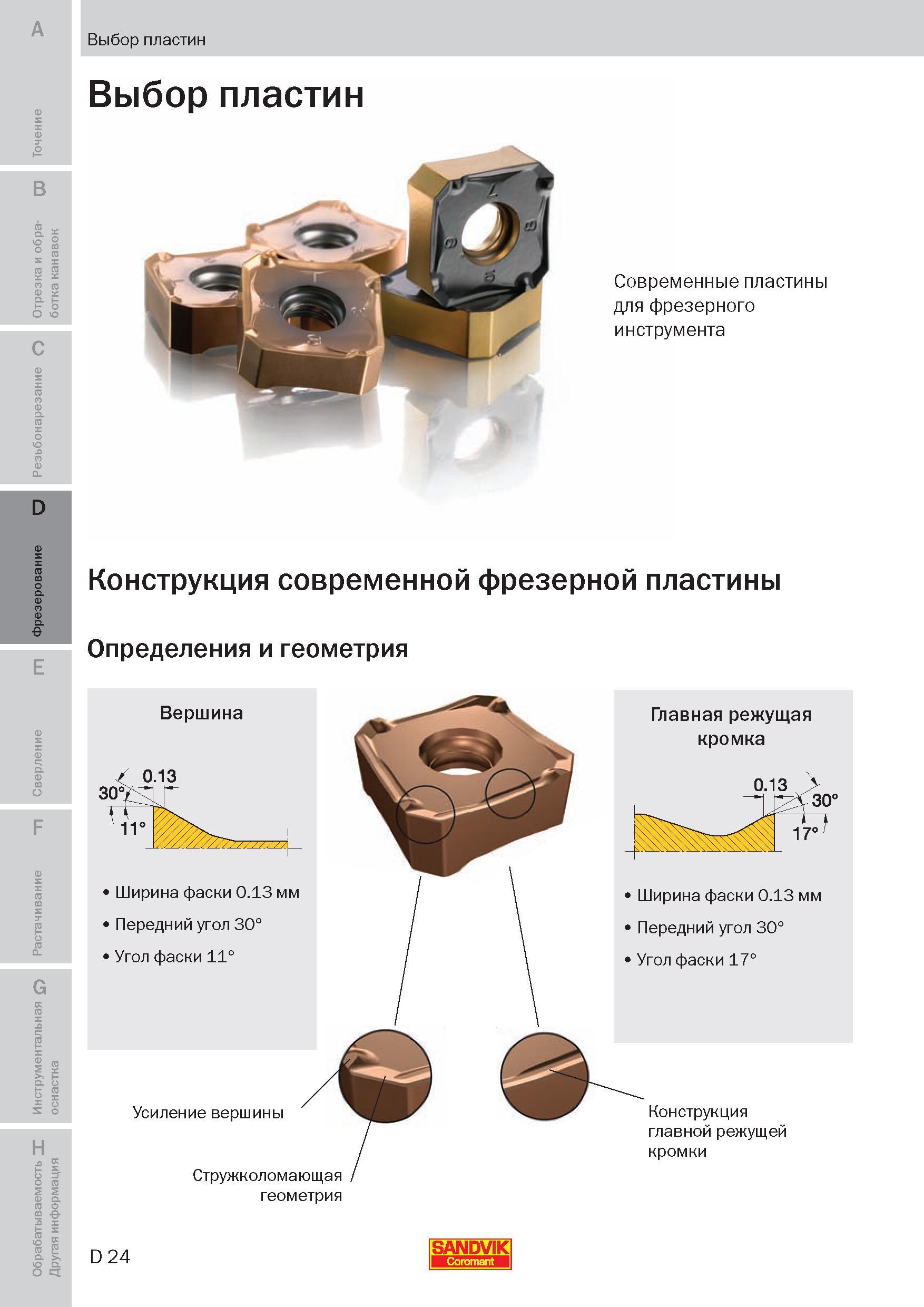 155 Конструкция современной твердосплавной фрезерной пластины Sandvik Определения и геометрия Усиление вершины Стружколомающая геометрия Конструкция Пособие SANDVIK COROMANT 2009 Обработка материалов резанием Металлорежущий инструмент и инструментальная оснастка для металлообрабатывающего промышленного оборудования Стр. D24
