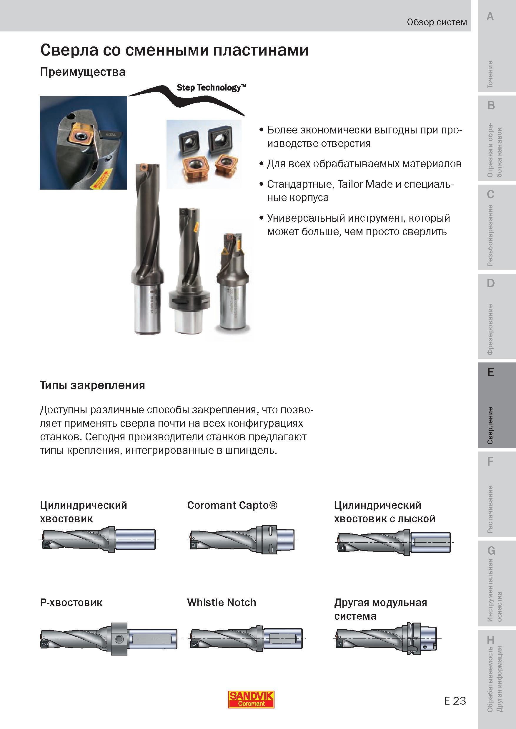 190 Преимущества сборных сверл Sandvik Coromant с механическим креплением сменных режущих твердосплавных пластин Step Technology Более экономически в Пособие SANDVIK COROMANT 2009 Обработка материалов резанием Металлорежущий инструмент и инструментальная оснастка для металлообрабатывающего промышленного оборудования Стр. E23