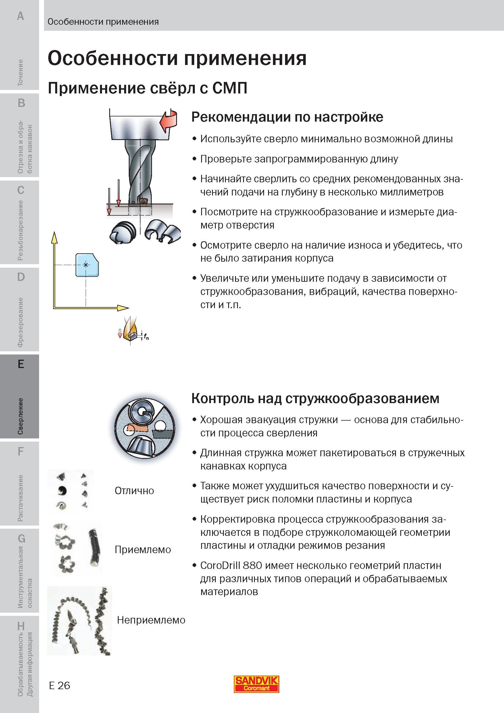 193 Особенности применения металлорежущего инструмента для обработки отверстий Применение сборных свёрл Sandvik с твердосплавными режущими плстинами Пособие SANDVIK COROMANT 2009 Обработка материалов резанием Металлорежущий инструмент и инструментальная оснастка для металлообрабатывающего промышленного оборудования Стр. E26