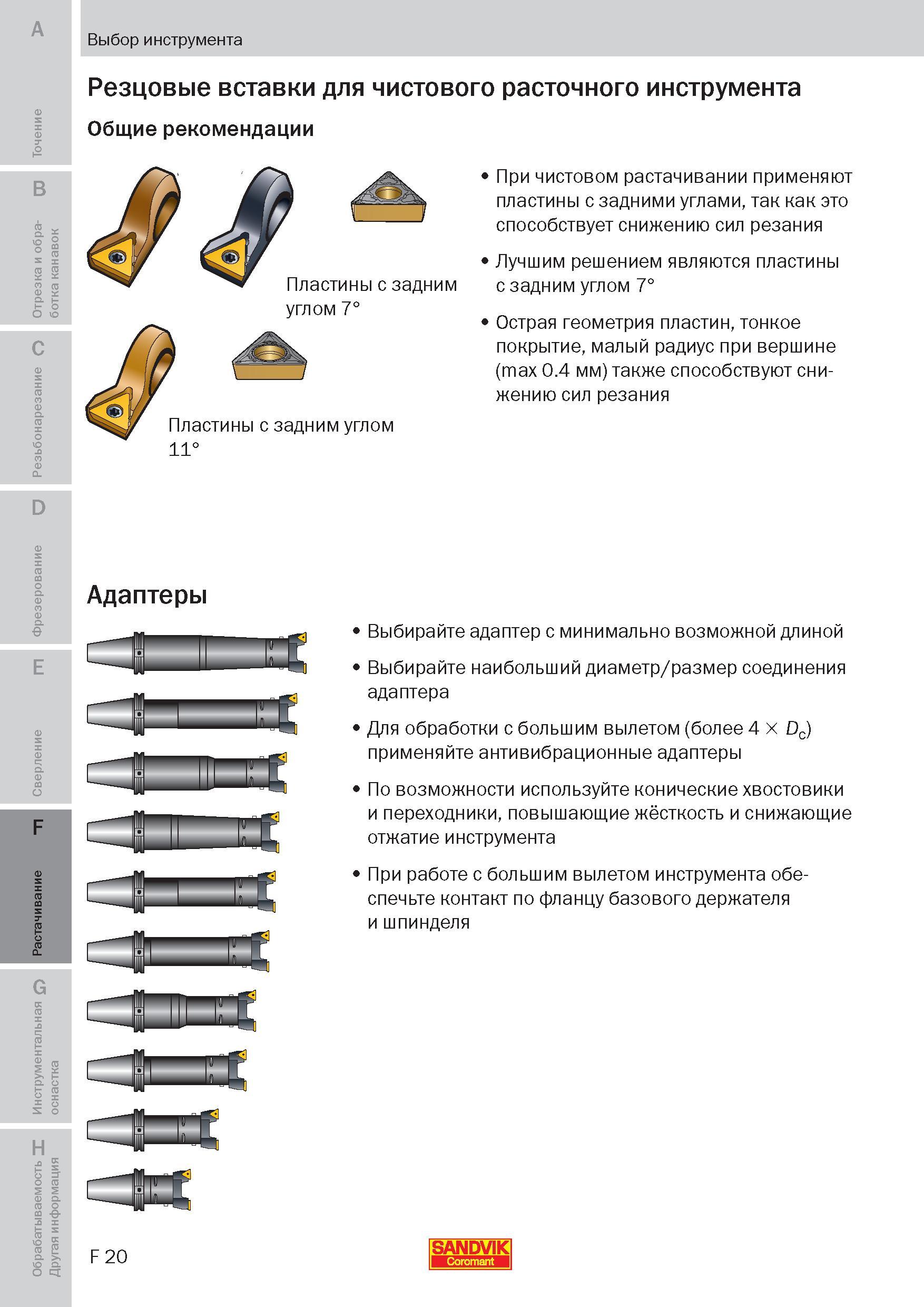 233 Резцовые вставки для чистового расточного инструмента Sandvik Coromant Общие рекомендации При чистовом растачивании применяют пластины с задними Пособие SANDVIK COROMANT 2009 Обработка материалов резанием Металлорежущий инструмент и инструментальная оснастка для металлообрабатывающего промышленного оборудования Стр. F20