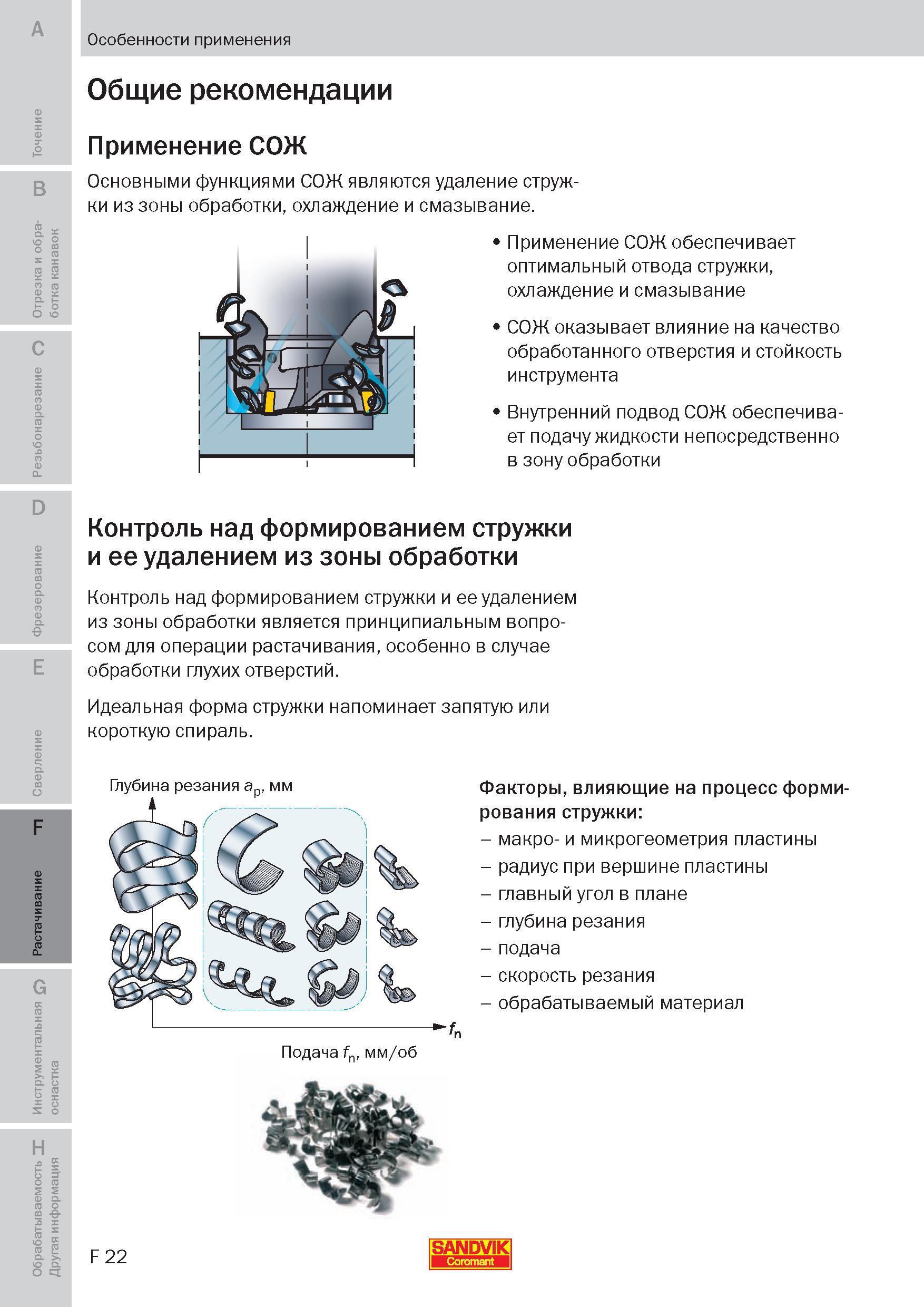 235 Основными функциями СОЖ являются удаление стружки из зоны обработки, охлаждение и смазывание Применение СОЖ обеспечивает оптимальный отвода струж Пособие SANDVIK COROMANT 2009 Обработка материалов резанием Металлорежущий инструмент и инструментальная оснастка для металлообрабатывающего промышленного оборудования Стр. F22