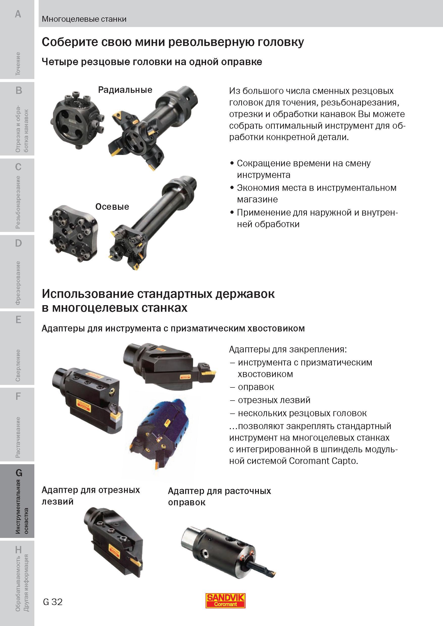 271 Многоцелевые станки Соберите свою мини револьверную головку Четыре резцовые головки на одной оправке Радиальные Из большого числа сменных резцовы Пособие SANDVIK COROMANT 2009 Обработка материалов резанием Металлорежущий инструмент и инструментальная оснастка для металлообрабатывающего промышленного оборудования Стр. G32
