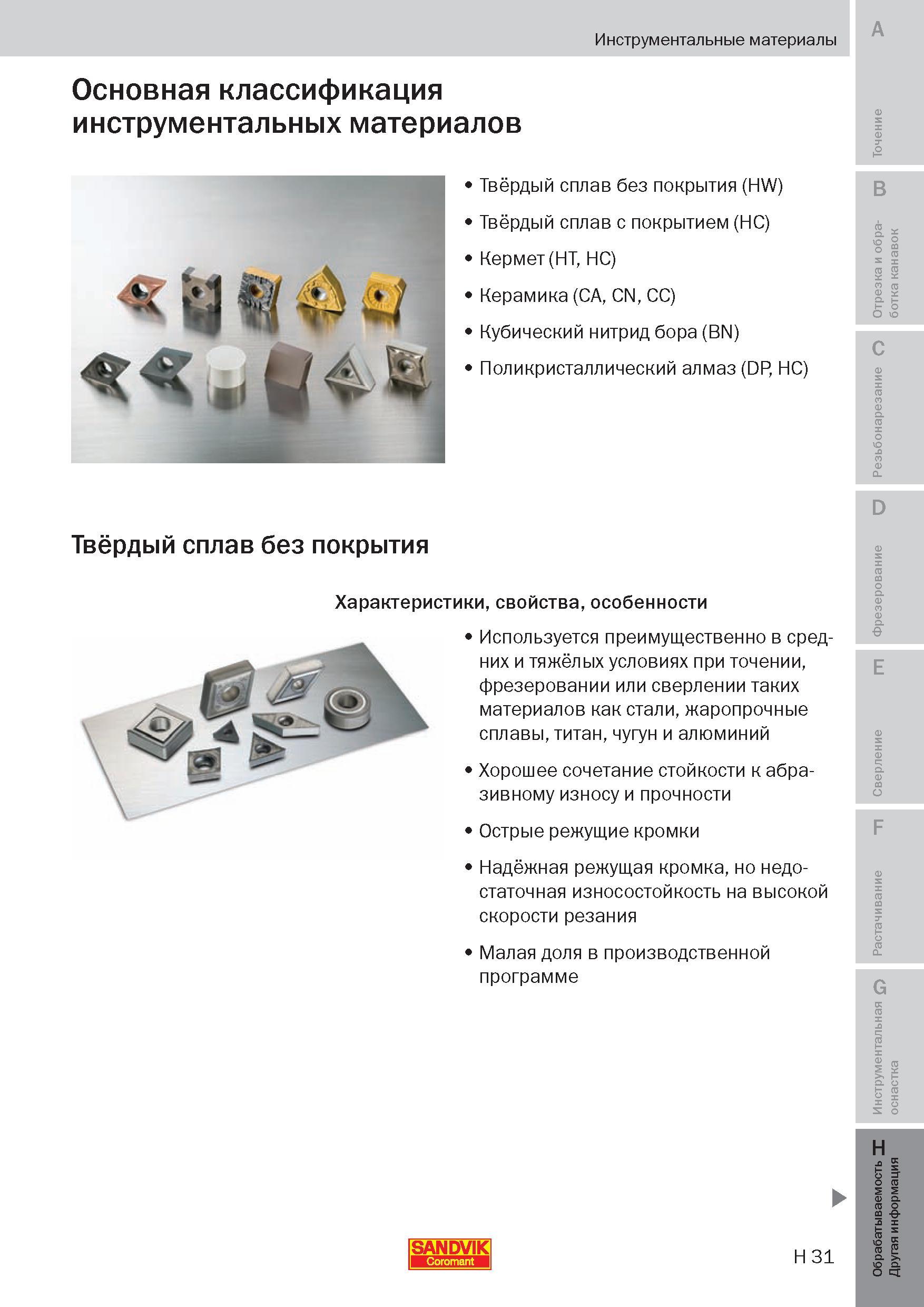 306 Основная классификация инструментальных материалов Твёрдый сплав без покрытия (HW) Твёрдый сплав с покрытием (HC) Кермет (HT, HC) Керамика (CA, C Пособие SANDVIK COROMANT 2009 Обработка материалов резанием Металлорежущий инструмент и инструментальная оснастка для металлообрабатывающего промышленного оборудования Стр. H31