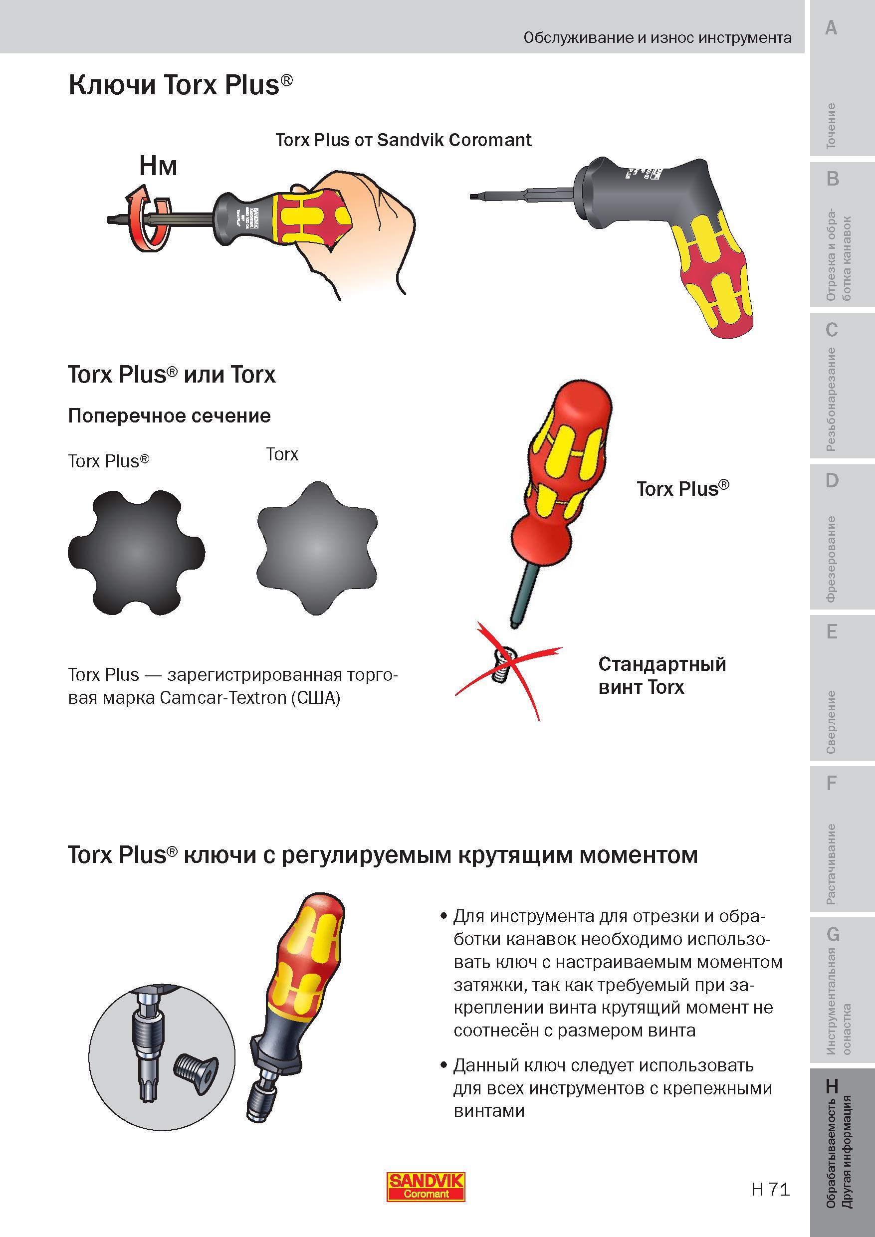 346 Для токарного сборного инструмента Sandvik для отрезки и обработки канавок необходимо использовать ключ с настраиваемым моментом затяжки, так как Пособие SANDVIK COROMANT 2009 Обработка материалов резанием Металлорежущий инструмент и инструментальная оснастка для металлообрабатывающего промышленного оборудования Стр. H71