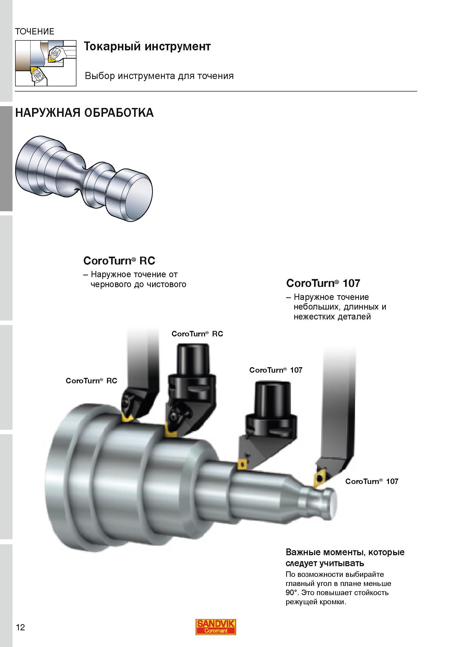 12 Токарный инструмент Sandvik Выбор резцов для наружного точения на металлоорабатывающем оборудовании CoroTurn RC Наружное точение от чернового до Каталог SANDVIK COROMANT 2010 CoroKey Режущий инструмент для точения фрезерования сверления на современном металлообрабатывающем оборудовании Стр. 12