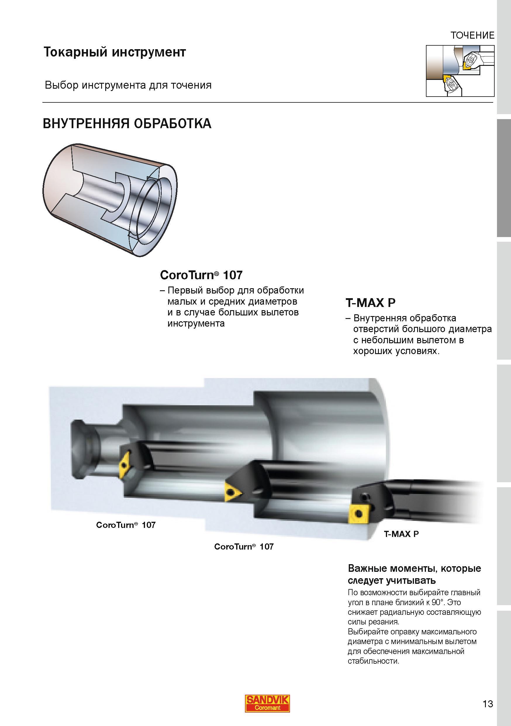 13 Расточные резцы Sandvik Выбор токарного инструмента со сменными многогранными пластинами для точения ВНУТРЕННЯЯ ОБРАБОТКА CoroTurn 107 Первый выб Каталог SANDVIK COROMANT 2010 CoroKey Режущий инструмент для точения фрезерования сверления на современном металлообрабатывающем оборудовании Стр. 13