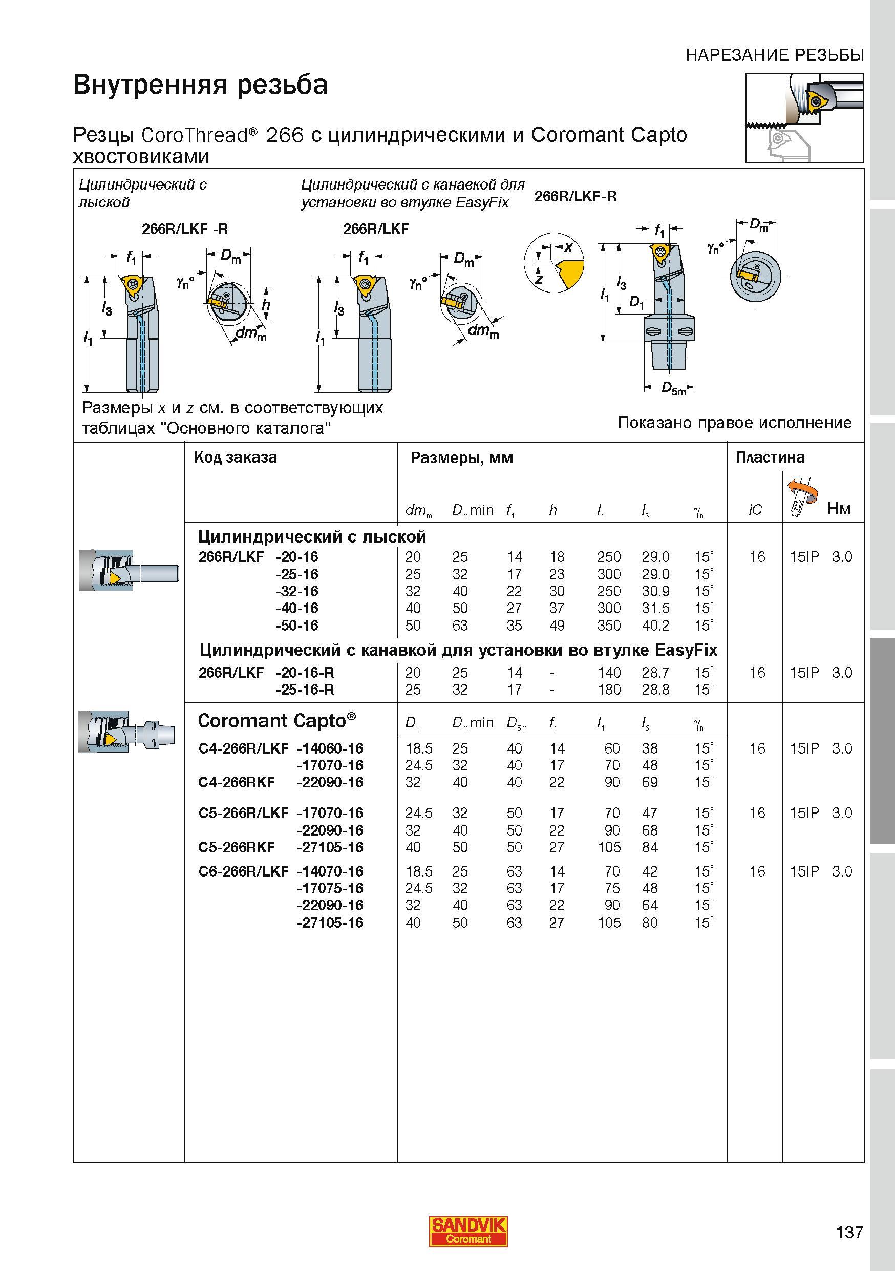 137 Токарные резьбонарезные сборные резцы Sandvik CoroThread 266 со сменными многогранными резьбовыми пластинами Режущий инструмент с цилиндрическими Каталог SANDVIK COROMANT 2010 CoroKey Режущий инструмент для точения фрезерования сверления на современном металлообрабатывающем оборудовании Стр. 137