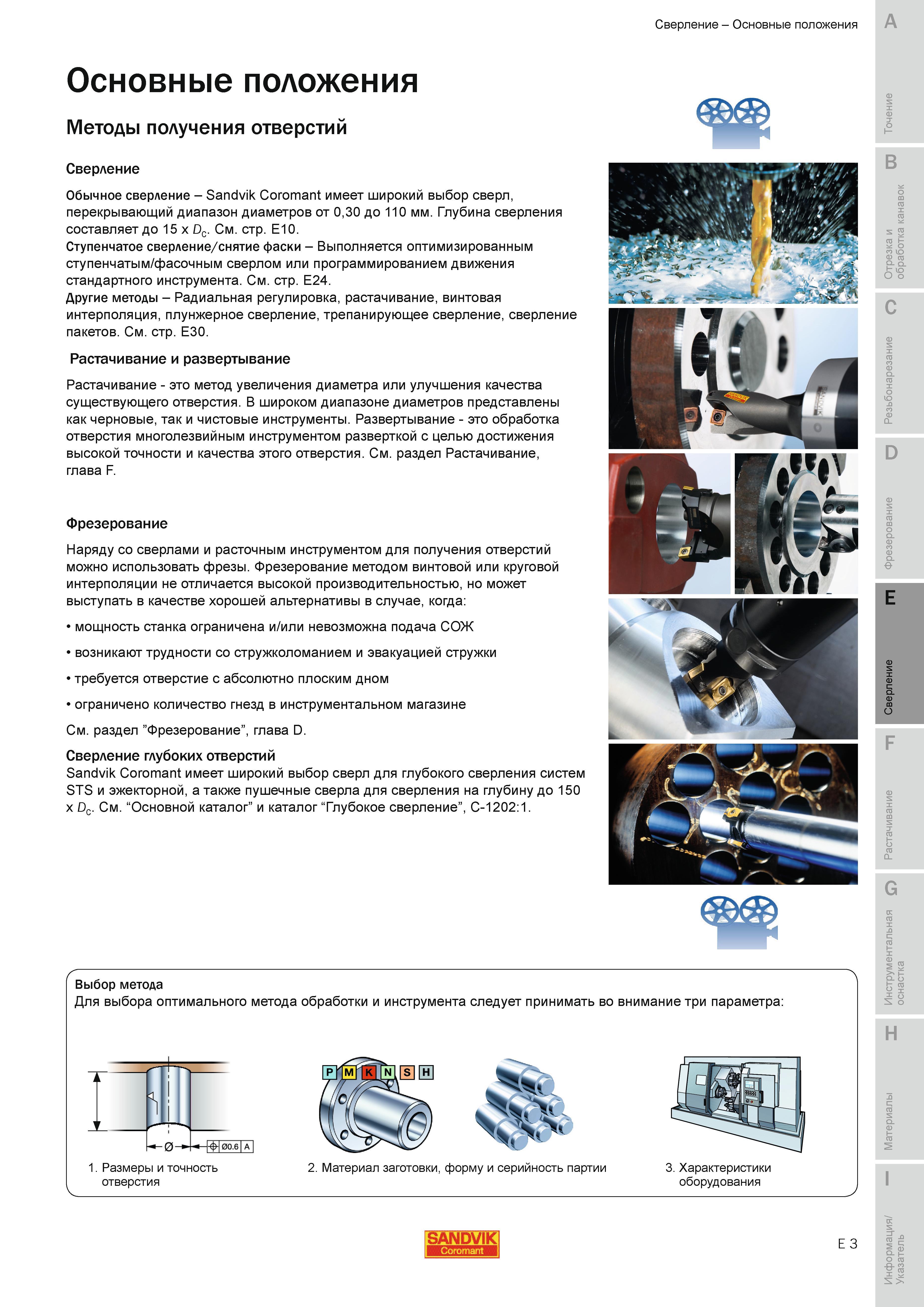 484 Методы получения отверстий в заготовках Обычное сверление Sandvik Coromant имеет широкий выбор сверл перекрывающий диапазон диаметров от 0,30 до 11 Руководство SANDVIK COROMANT 2010 по металлообработке Точение Отрезка Обработка канавок Резьбонарезание Фрезерование Сверление Растачивание Инструментальная оснастка Стр. E3