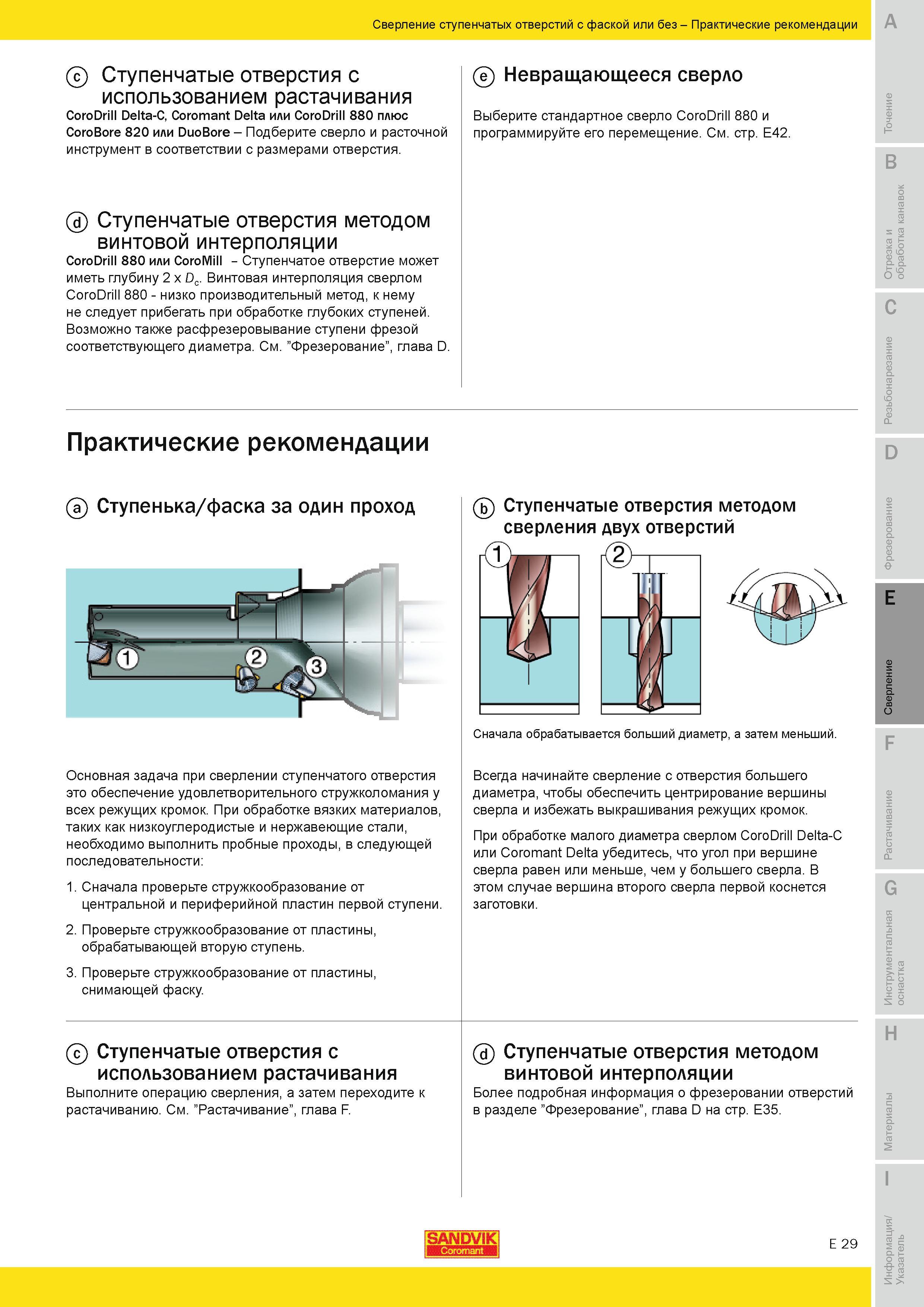 510 Ступенчатые отверстия с использованием растачивания Sandvik Coromant CoroDrill Delta-C Coromant Delta или CoroDrill 880 плюс CoroBore 820 или DuoBo Руководство SANDVIK COROMANT 2010 по металлообработке Точение Отрезка Обработка канавок Резьбонарезание Фрезерование Сверление Растачивание Инструментальная оснастка Стр. E29