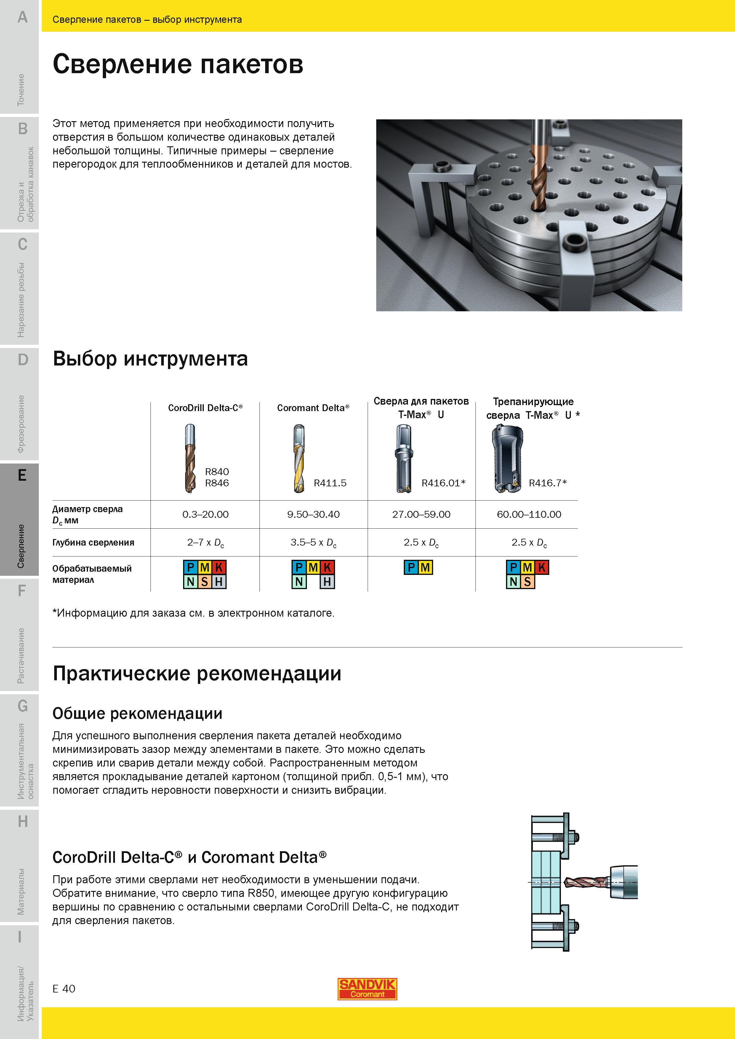 521 Сверление пакетов Метод применяется при необходимости получить отверстия в большом количестве одинаковых деталей небольшой толщины Типичные примеры Руководство SANDVIK COROMANT 2010 по металлообработке Точение Отрезка Обработка канавок Резьбонарезание Фрезерование Сверление Растачивание Инструментальная оснастка Стр. E40