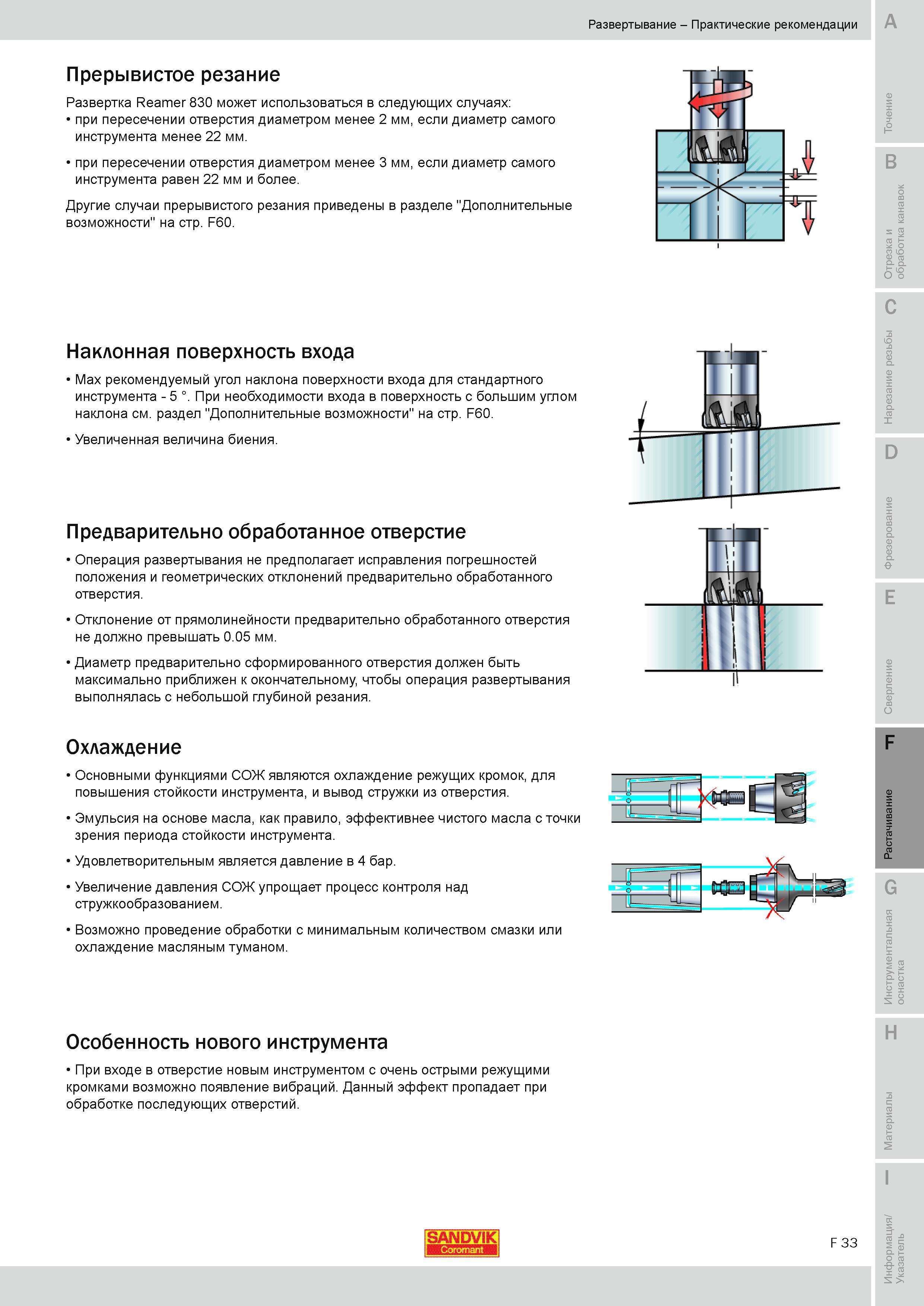580 Развертывание Практические рекомендации Прерывистое резание Развертка Sandvik Coromant Reamer 830 может использоваться в следующих случаях при пере Руководство SANDVIK COROMANT 2010 по металлообработке Точение Отрезка Обработка канавок Резьбонарезание Фрезерование Сверление Растачивание Инструментальная оснастка Стр. F33
