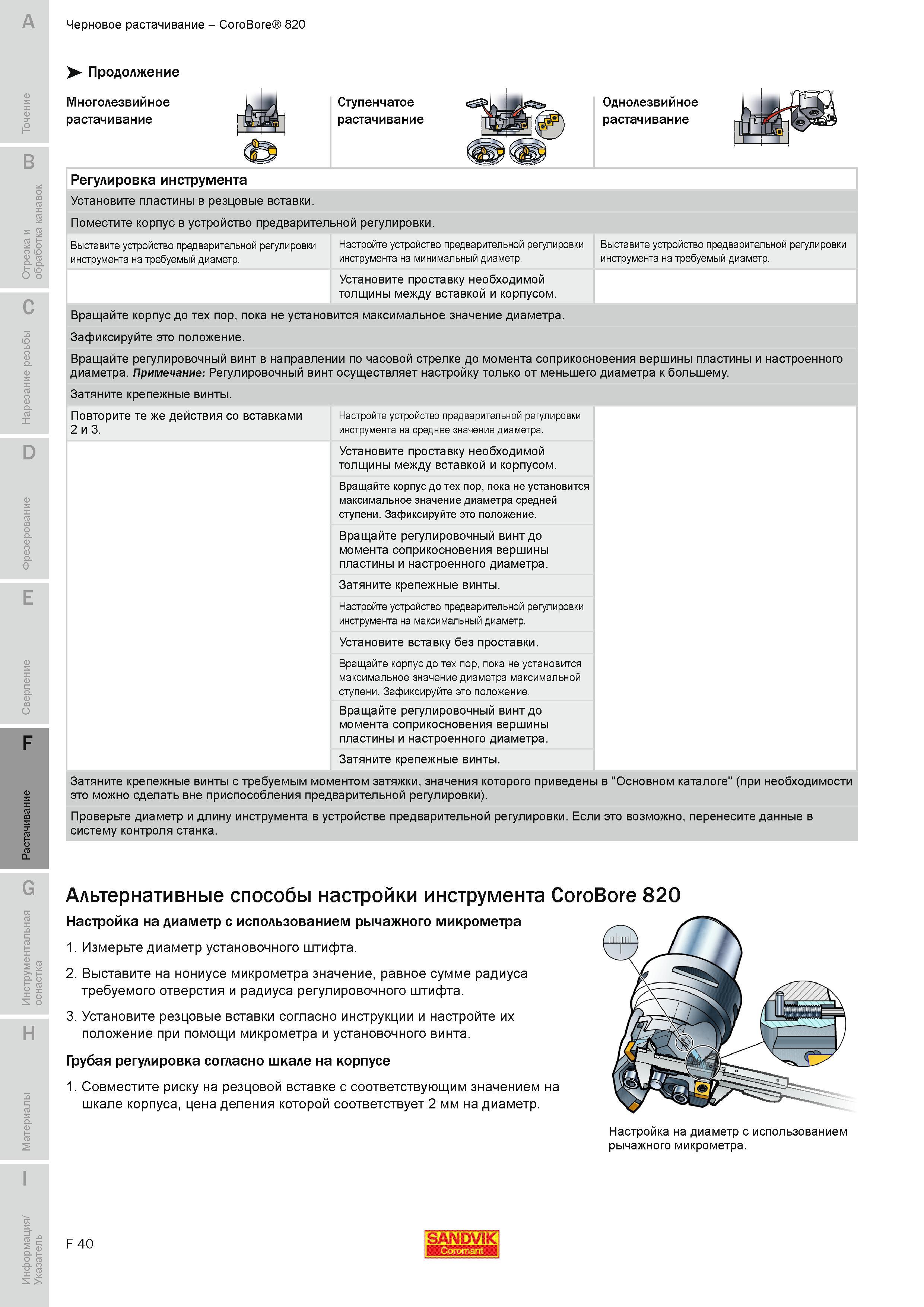 587 Однолезвийное растачивание Регулировка инструмента Sandvik Coromant Установите пластины в резцовые вставки Поместите корпус в устройство предварите Руководство SANDVIK COROMANT 2010 по металлообработке Точение Отрезка Обработка канавок Резьбонарезание Фрезерование Сверление Растачивание Инструментальная оснастка Стр. F40