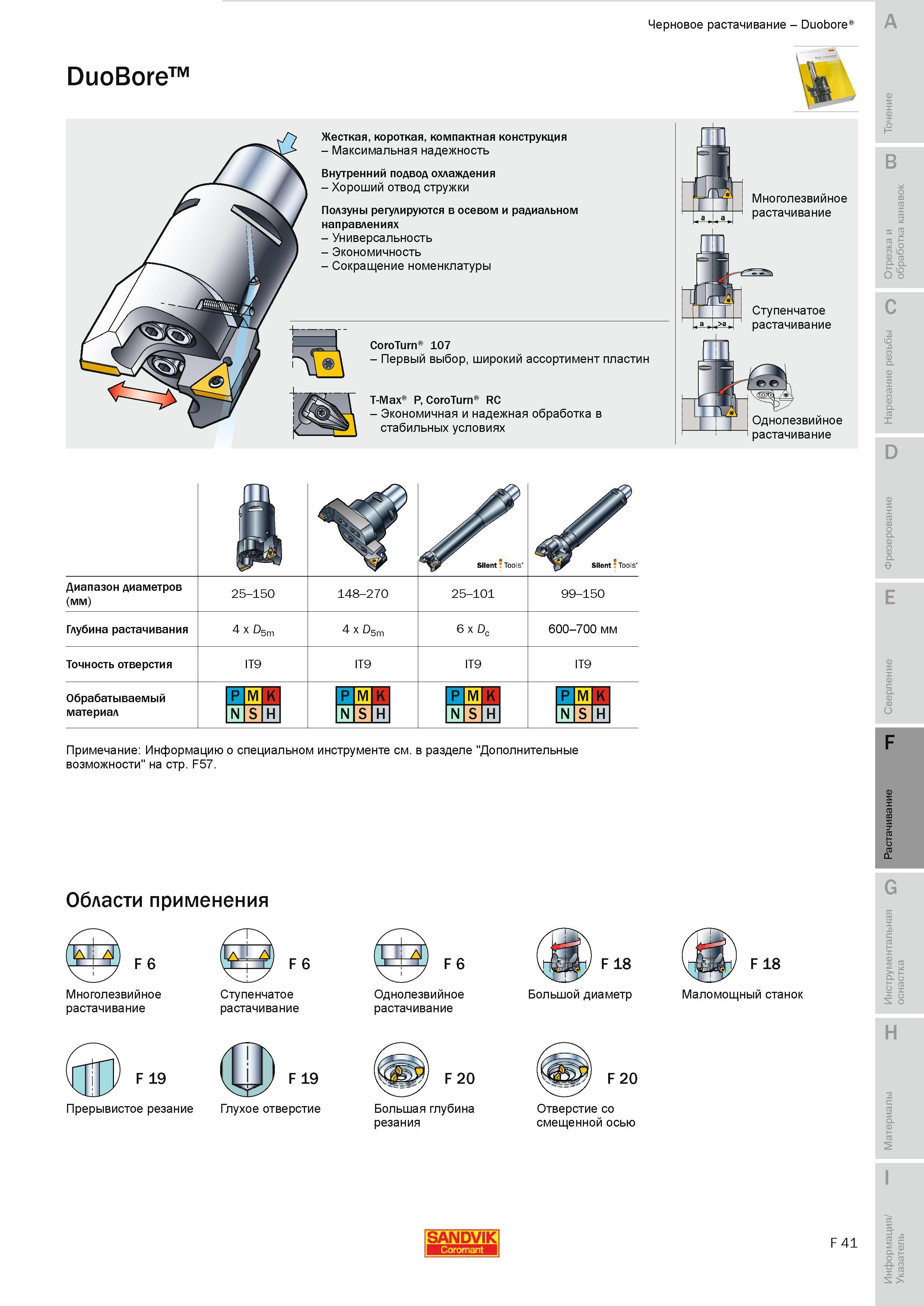 588 Черновое растачивание Sandvik Coromant Duobore DuoBore Жесткая короткая компактная конструкция Максимальная надежность Внутренний подвод охлаждения Руководство SANDVIK COROMANT 2010 по металлообработке Точение Отрезка Обработка канавок Резьбонарезание Фрезерование Сверление Растачивание Инструментальная оснастка Стр. F41