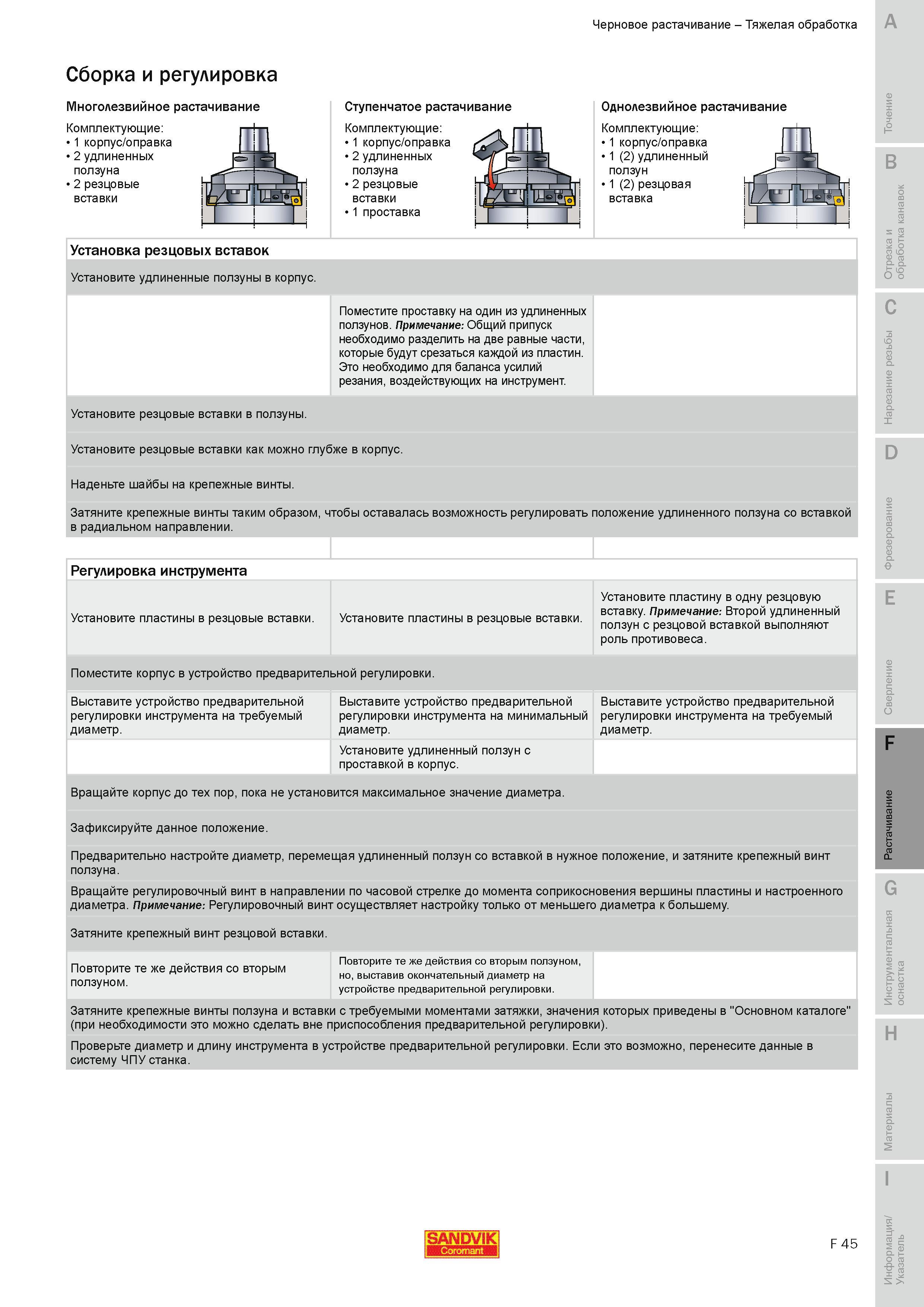 592 Тяжелая обработка Сборка и регулировка Многолезвийное растачивание Комплектующие корпус оправка удлиненных ползуна резцовые вставки Ступенчатое рас Руководство SANDVIK COROMANT 2010 по металлообработке Точение Отрезка Обработка канавок Резьбонарезание Фрезерование Сверление Растачивание Инструментальная оснастка Стр. F45