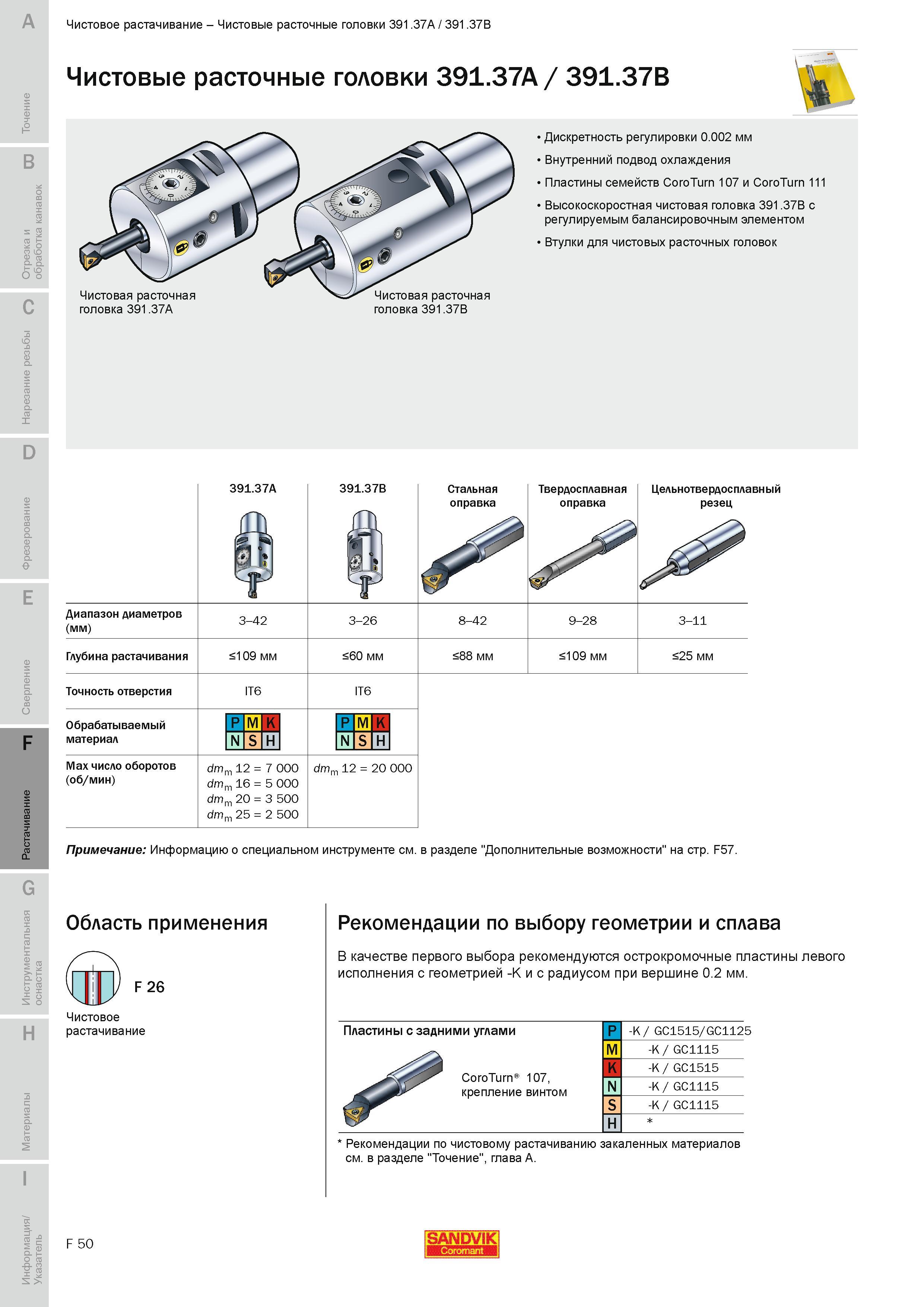 597 Чистовая расточная головка Sandvik 391 37 Дискретность регулировки 0 002 мм Внутренний подвод охлаждения Пластины семейств CoroTurn 107 111 Руководство SANDVIK COROMANT 2010 по металлообработке Точение Отрезка Обработка канавок Резьбонарезание Фрезерование Сверление Растачивание Инструментальная оснастка Стр. F50