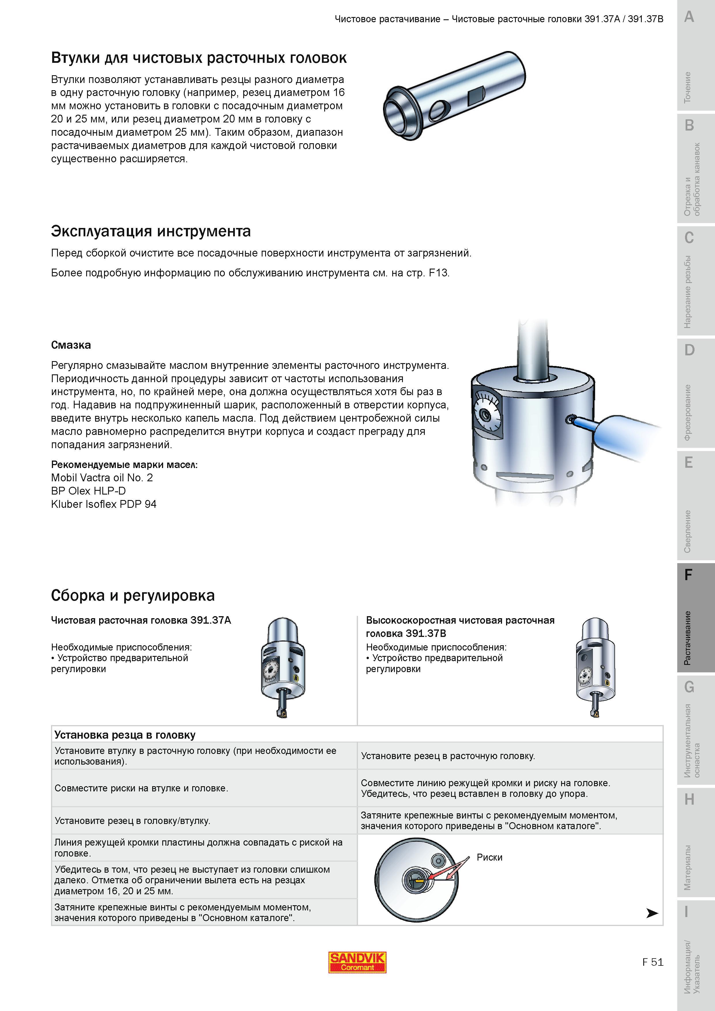 598 Втулки Sandvik для чистовых расточных головок позволяют устанавливать резцы разного диаметра в одну расточную головку например резец диаметром 16 м Руководство SANDVIK COROMANT 2010 по металлообработке Точение Отрезка Обработка канавок Резьбонарезание Фрезерование Сверление Растачивание Инструментальная оснастка Стр. F51