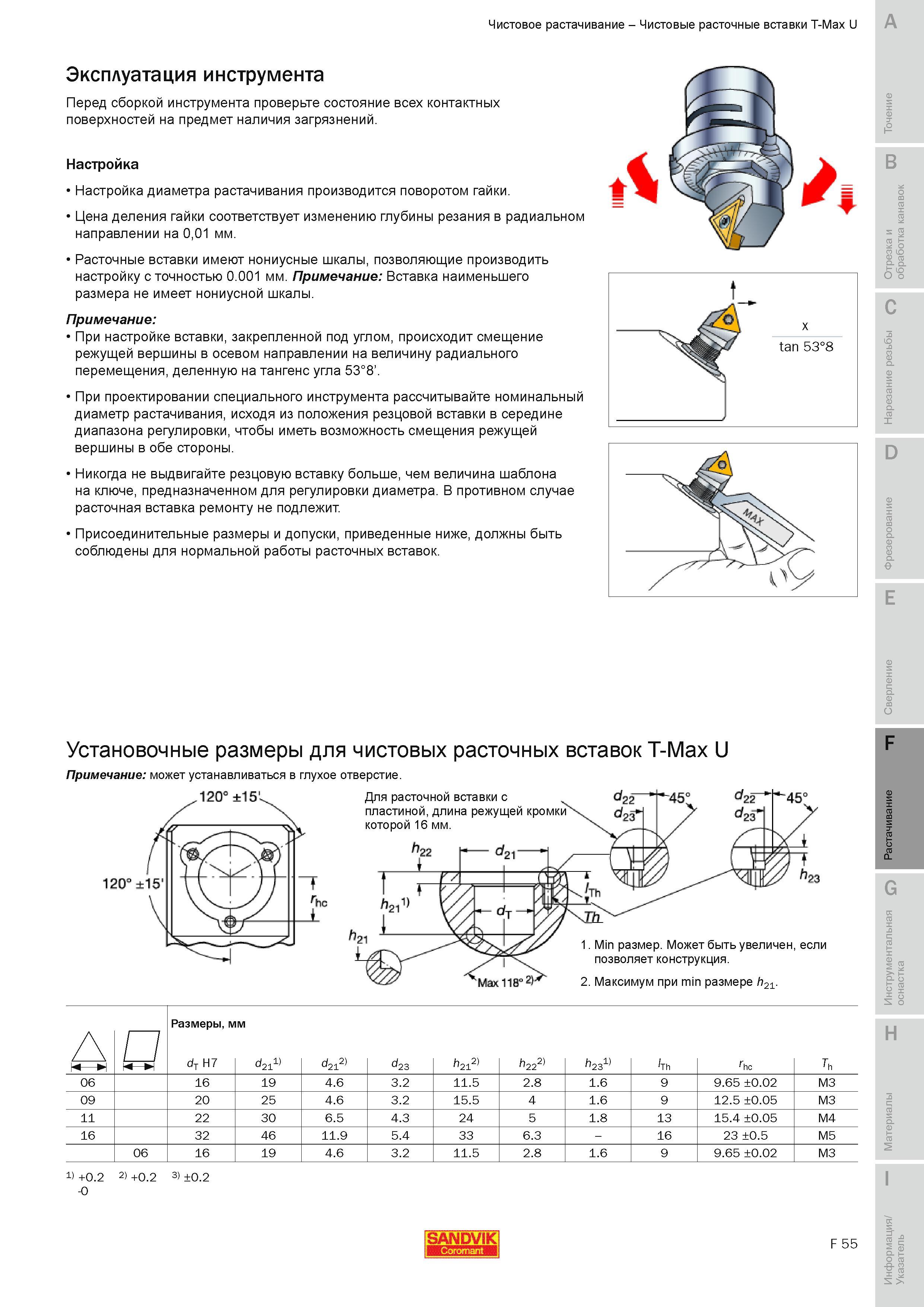 602 Чистовые расточные вставки Sandvik Coromant T-Max U Эксплуатация инструмента Перед сборкой инструмента проверьте состояние всех контактных поверхно Руководство SANDVIK COROMANT 2010 по металлообработке Точение Отрезка Обработка канавок Резьбонарезание Фрезерование Сверление Растачивание Инструментальная оснастка Стр. F55